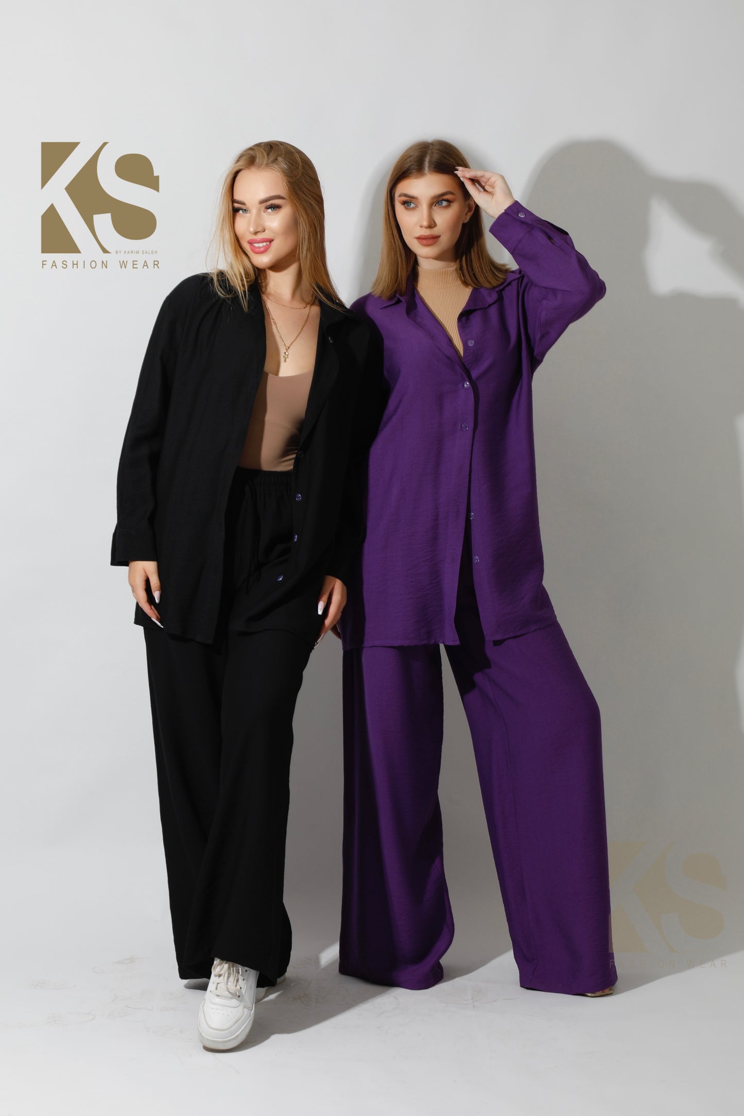 Long Shirt & Wide Leg Trousers Set - Purple