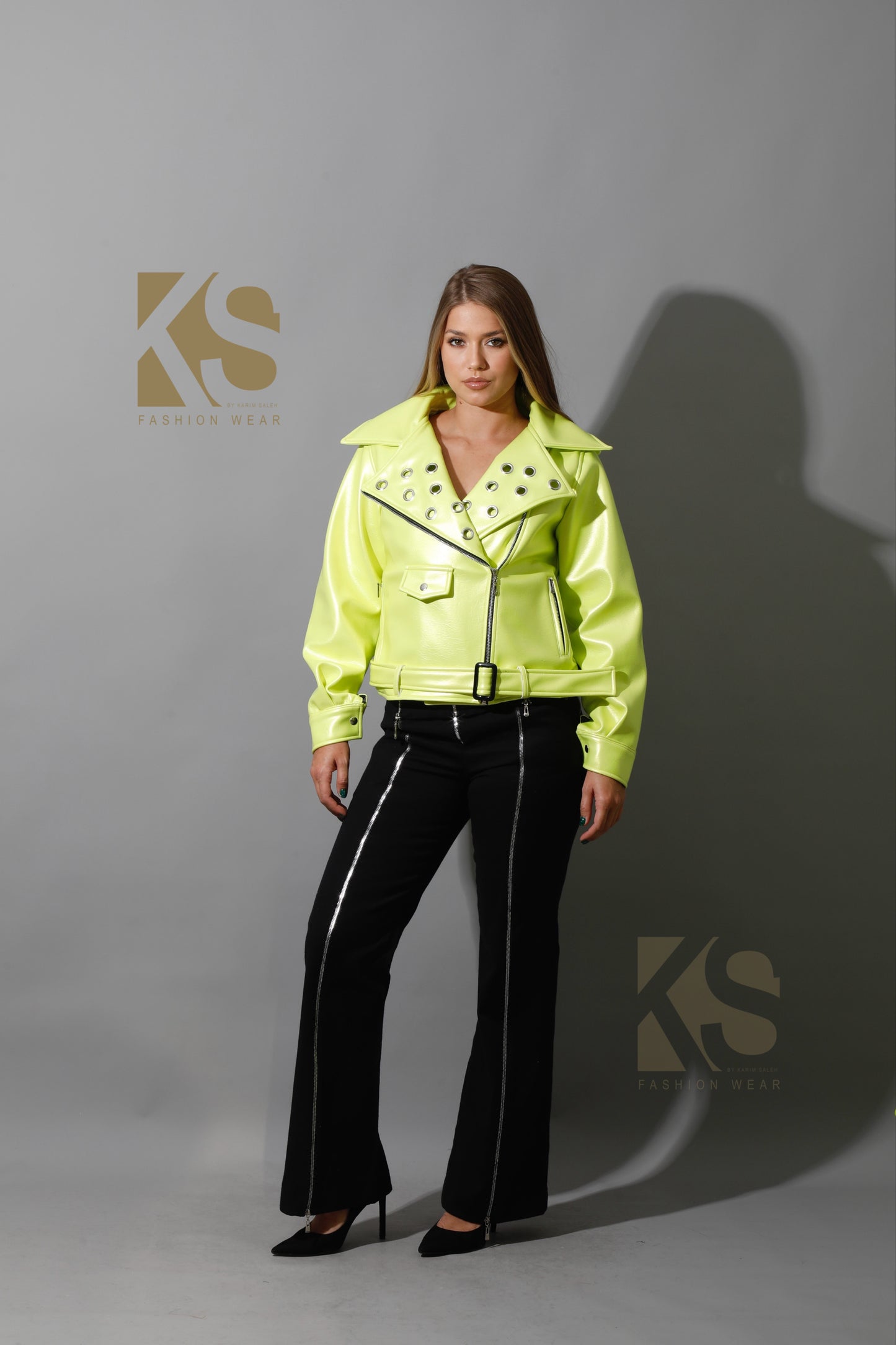 Textured Leather Biker Jacket - Lime Green