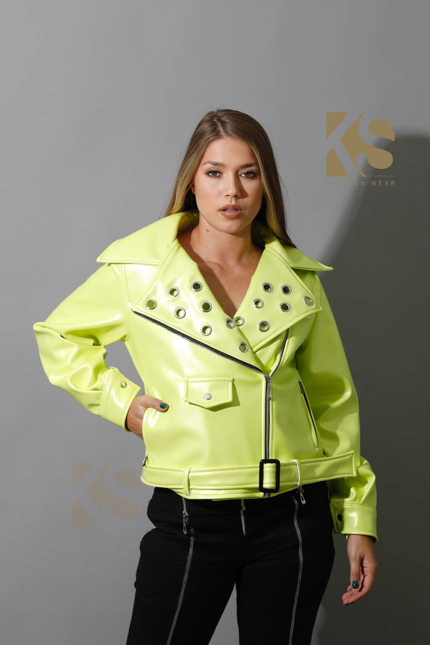 Textured Leather Biker Jacket - Lime Green