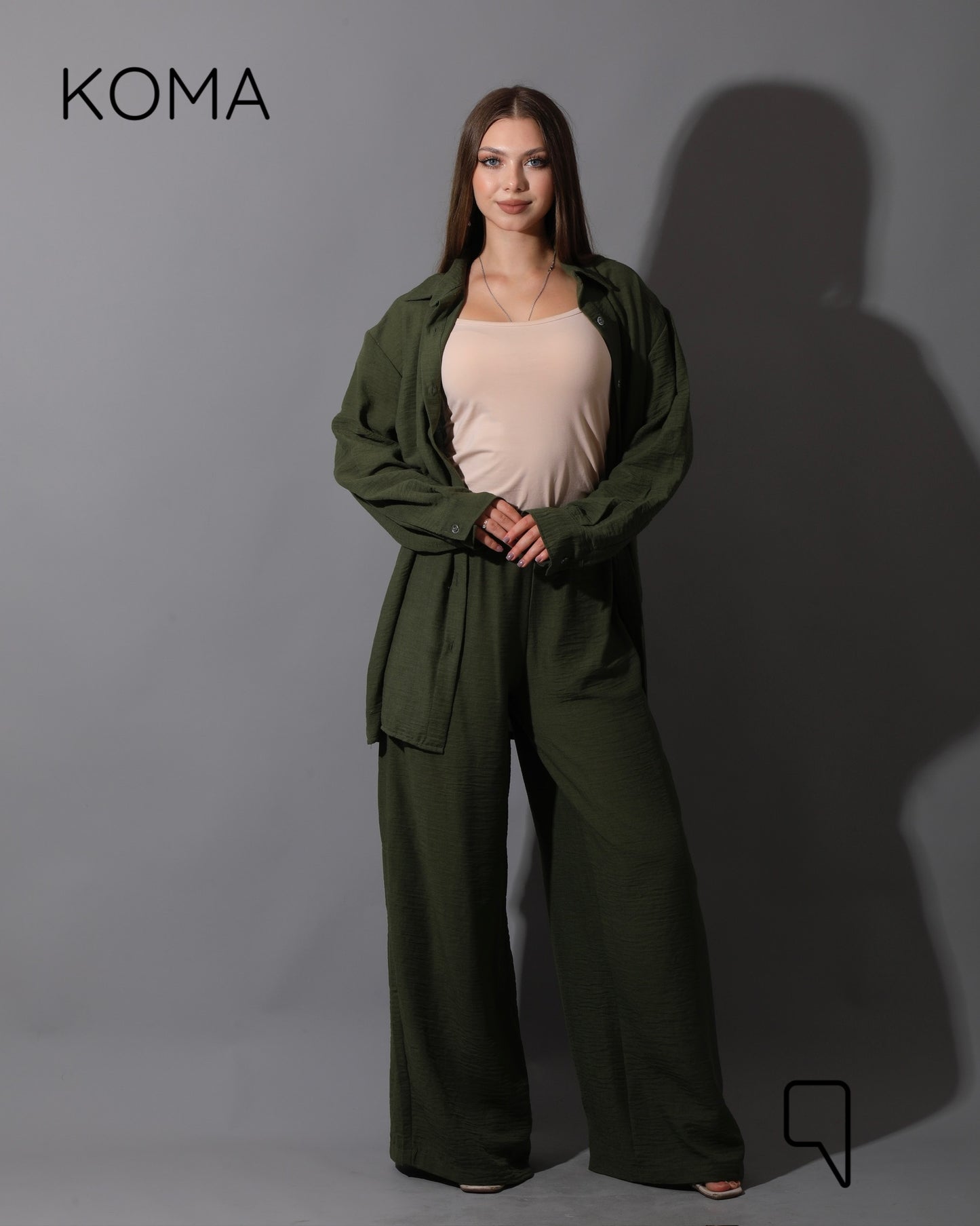 Co-Ord Lenin Long Sleeve Shirt & Wide Leg Trousers - Olive