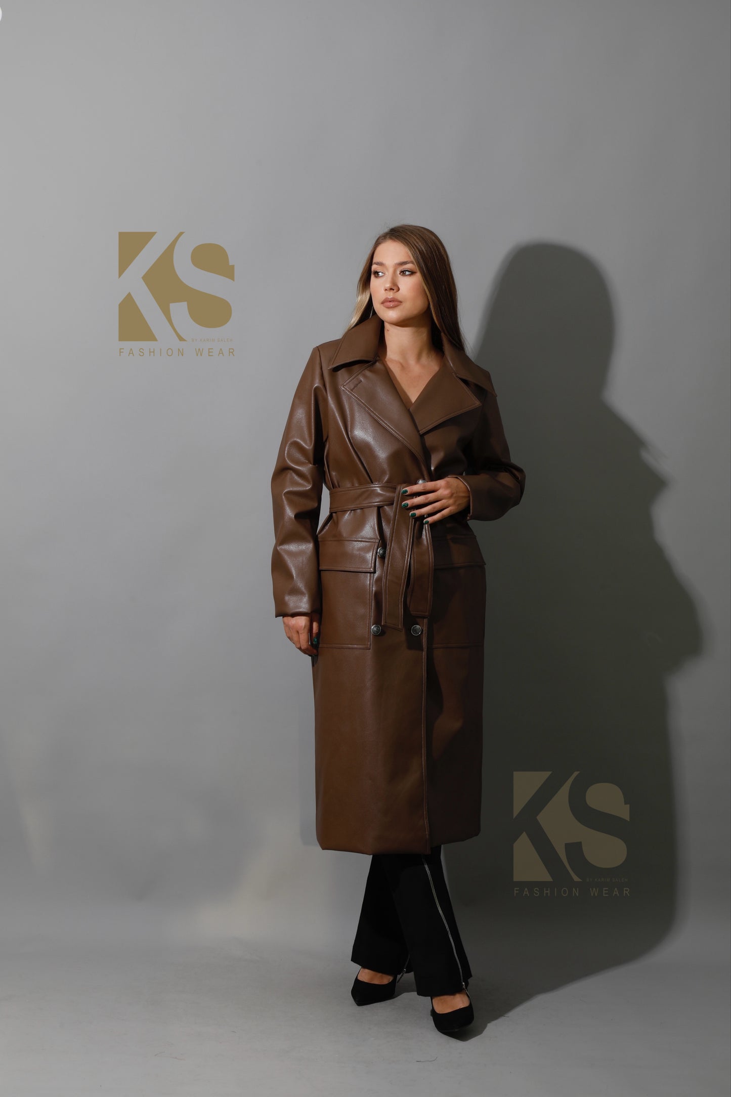 Textured Leather Coat - Brown