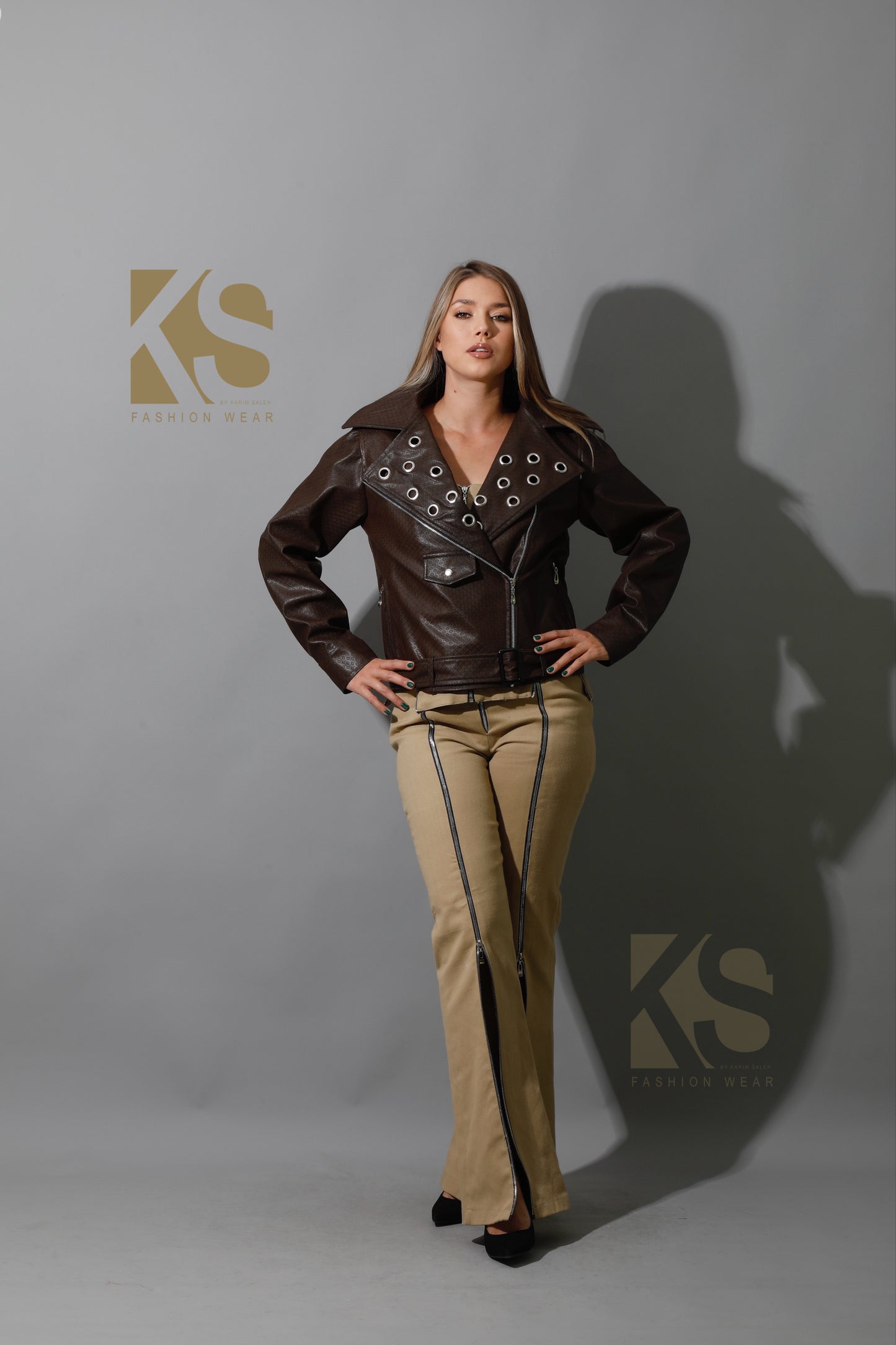 Textured Leather Biker Jacket - Brown