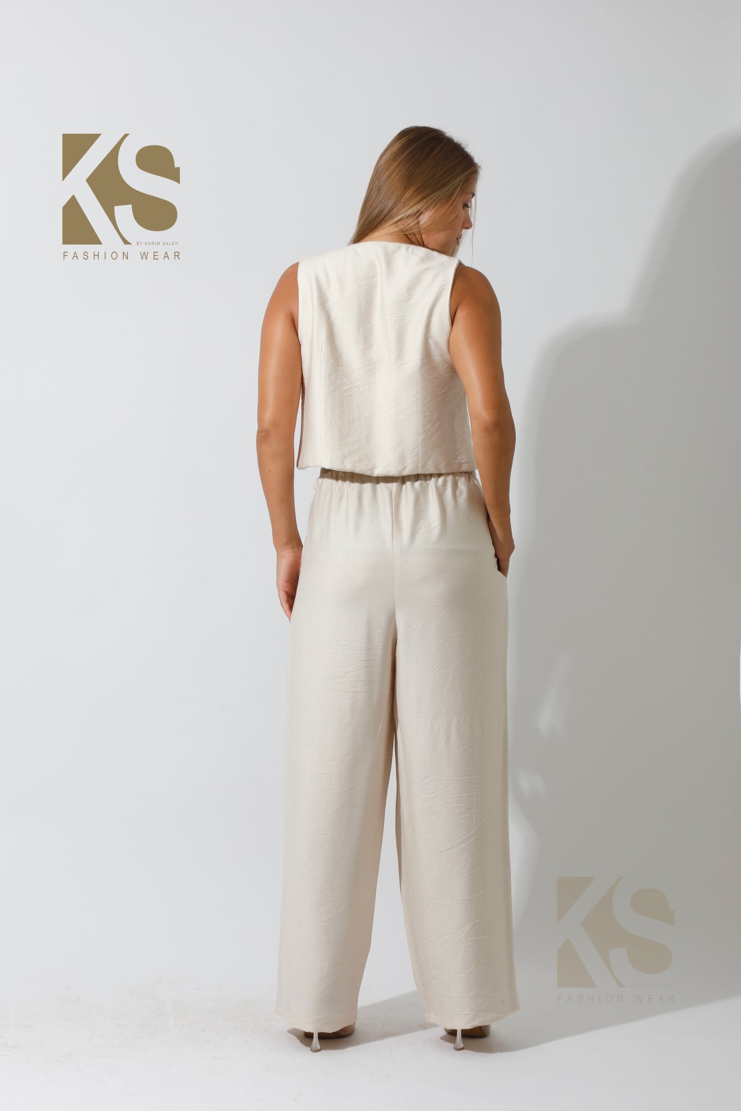Vest & Lose Tied Pants Set - Beige