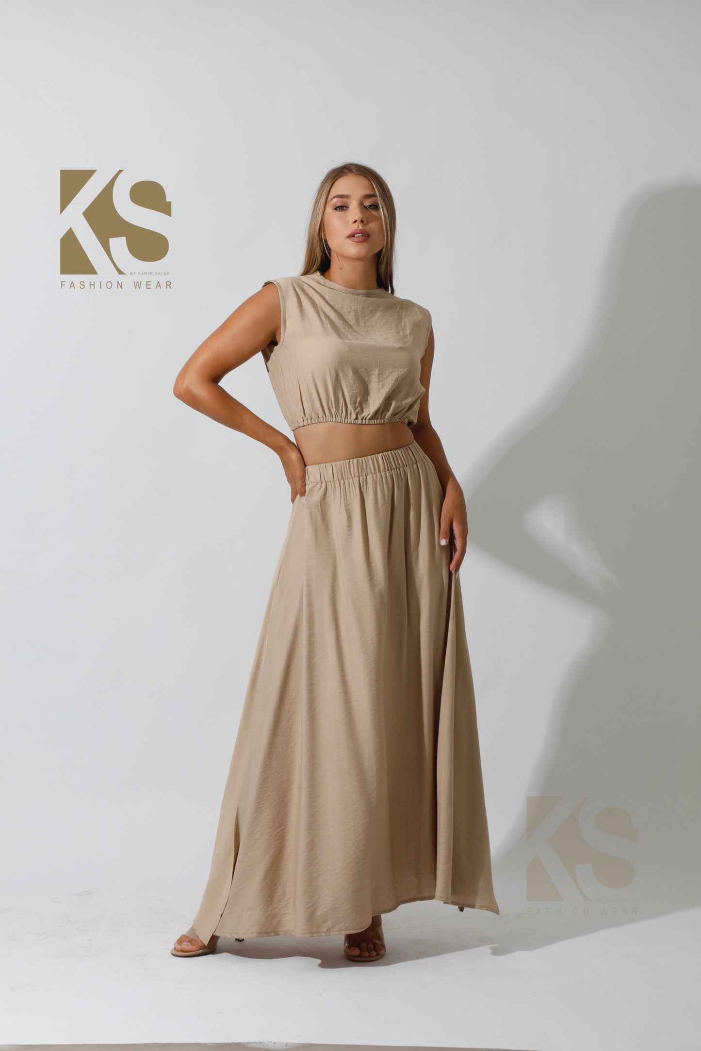 Maxi Side Slite Skirt Set - Beige