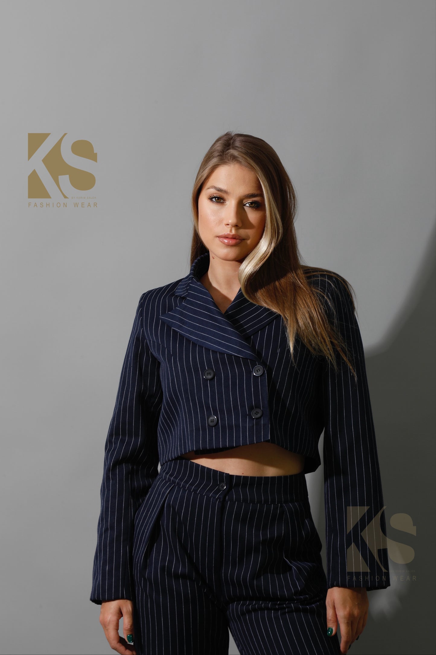 Striped Cropped Blazer, Bra Top & Paper-bag Pants Co-Ord - Navy