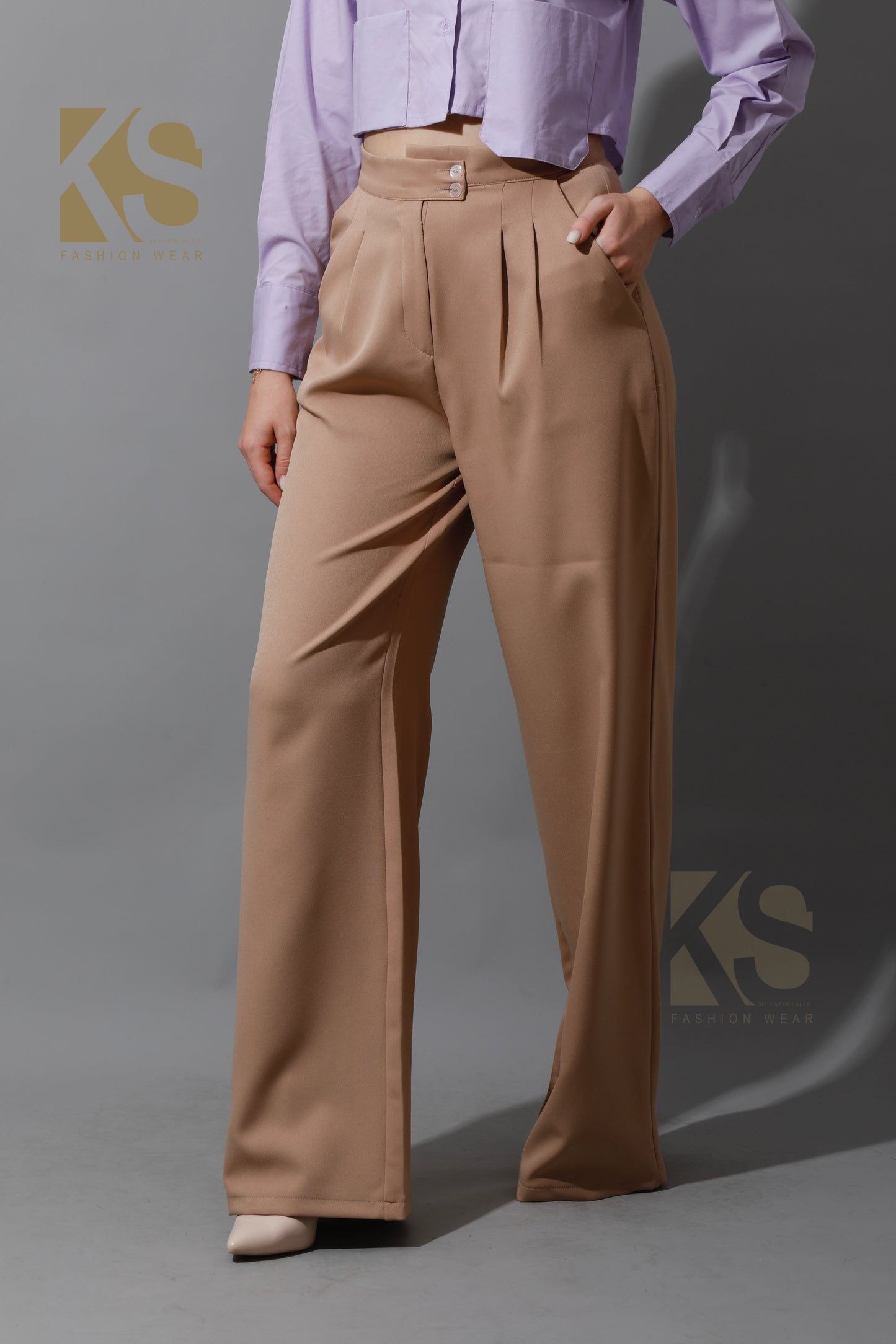 High Waist Wide Leg Trousers - Beige