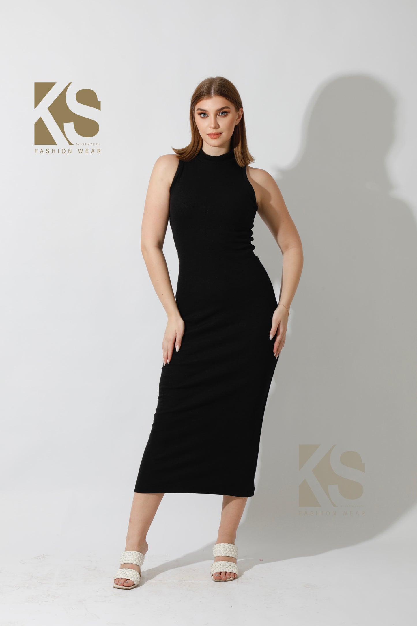 Slinky High Neck Midi Sleeveless Dress - Black