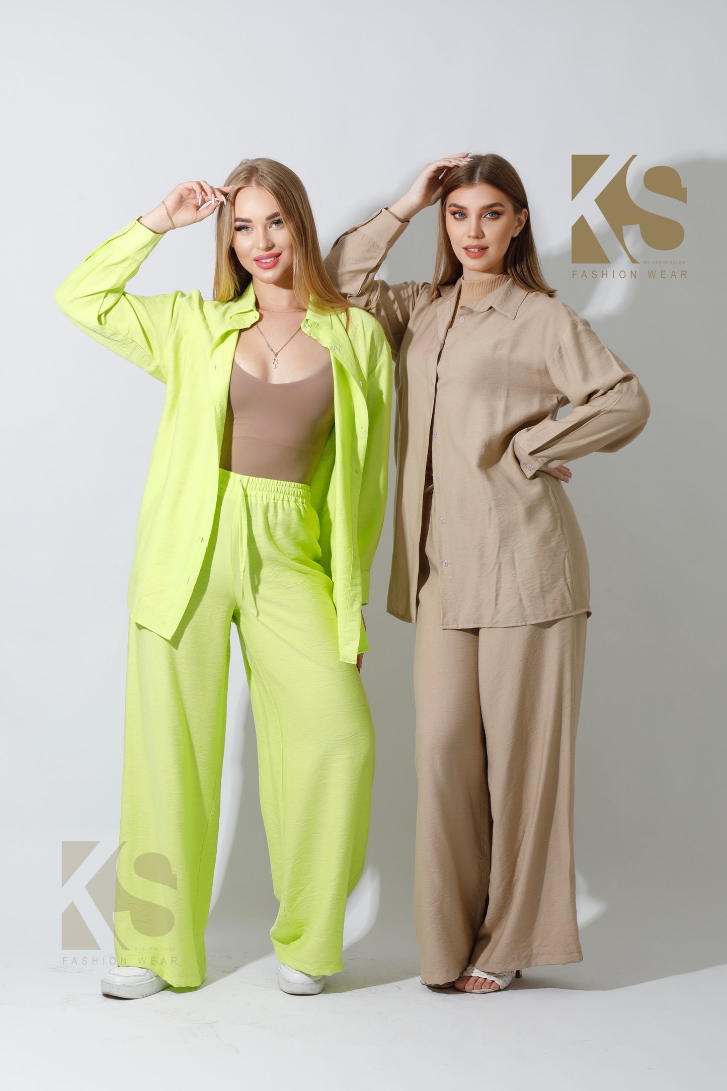 Co-Ord Long Shirt & Wide Leg Trousers - Lime Green