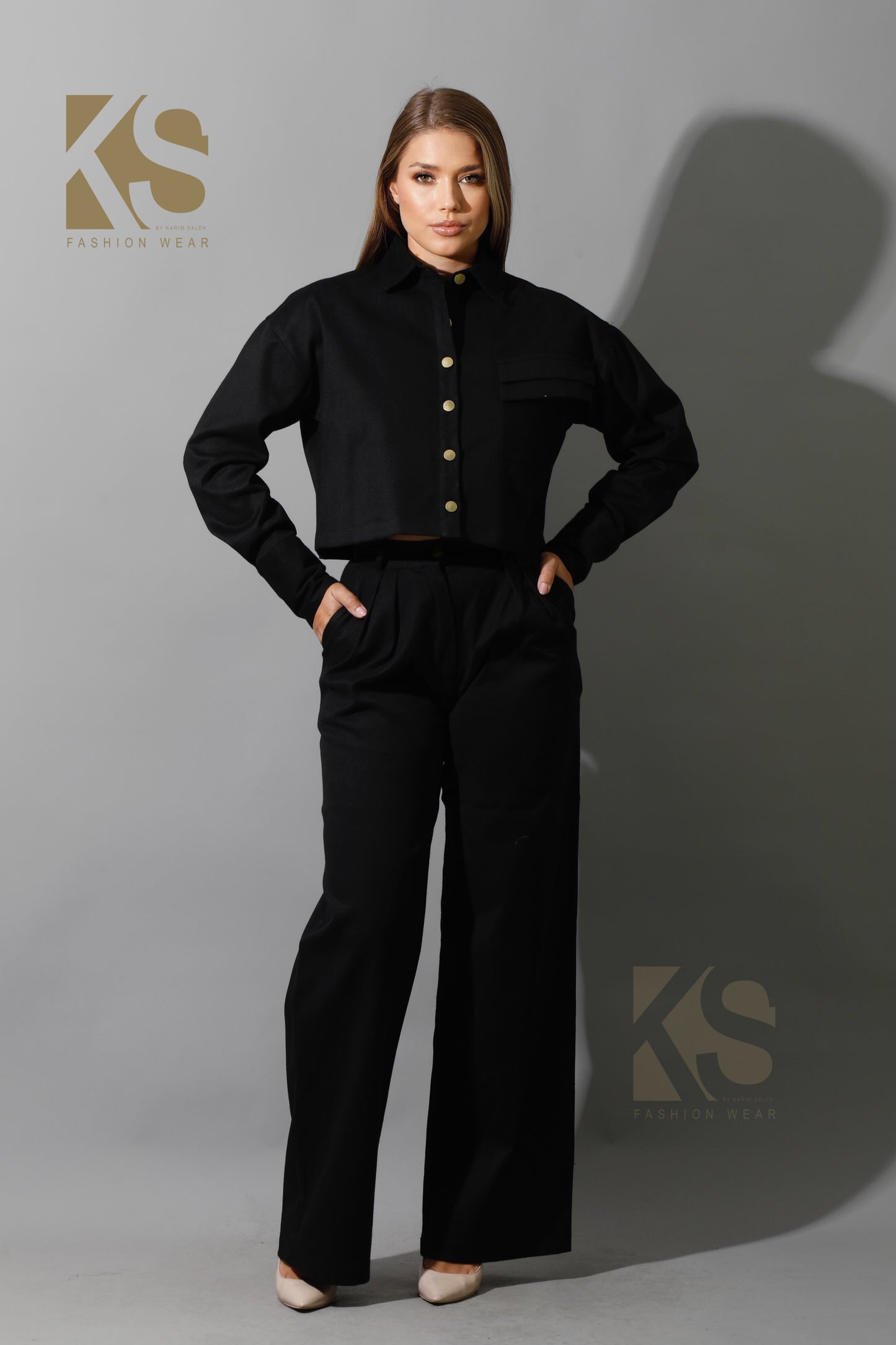 Co-ord Pleated Wide Leg Pants & Cropped Shirt - Black