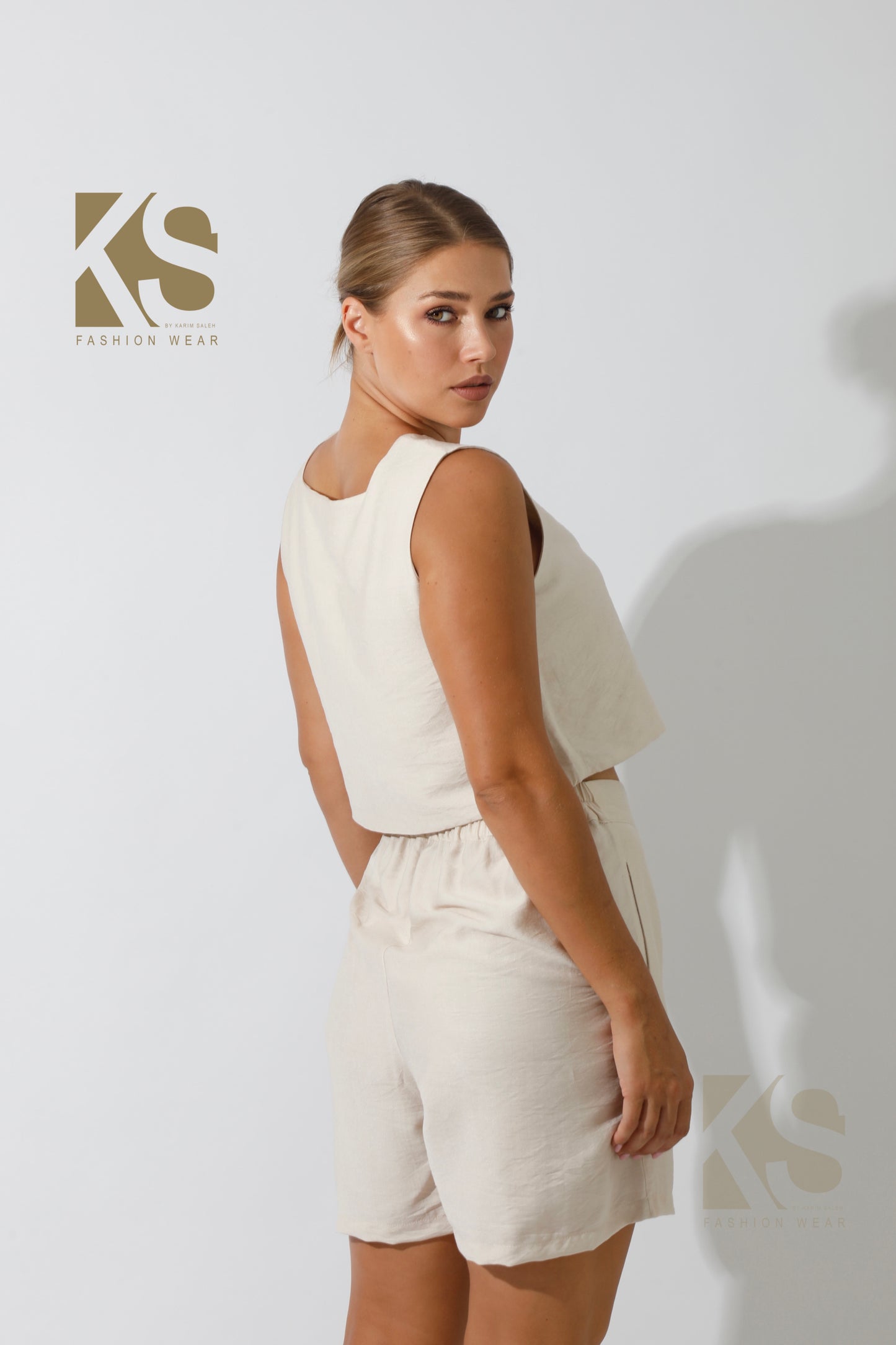 Tank Top & Flared Shorts Set - Beige