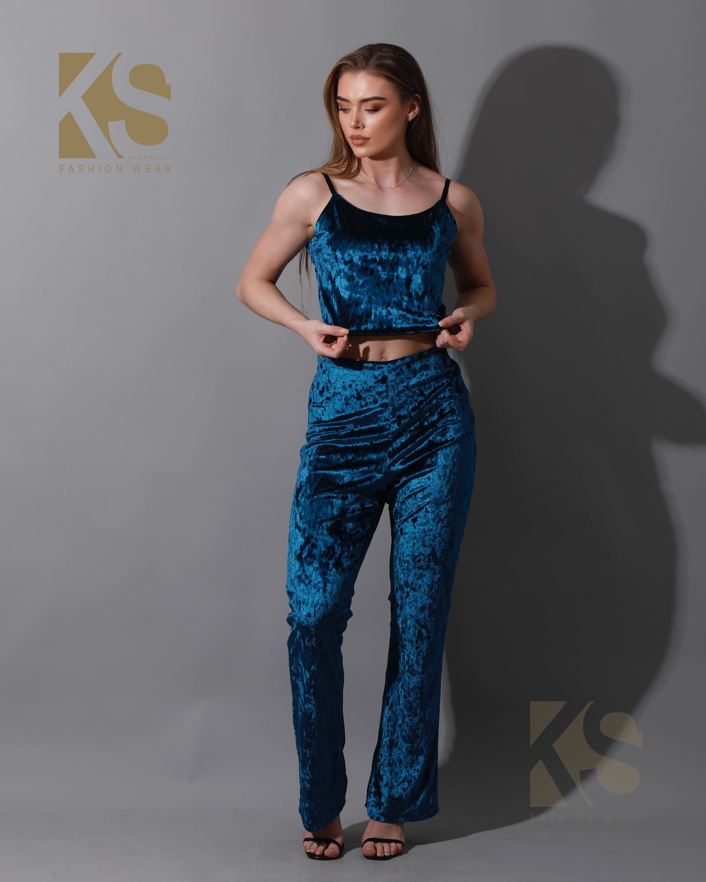 Velvet Crop Top & Bootcut Trousers Set - Petrol