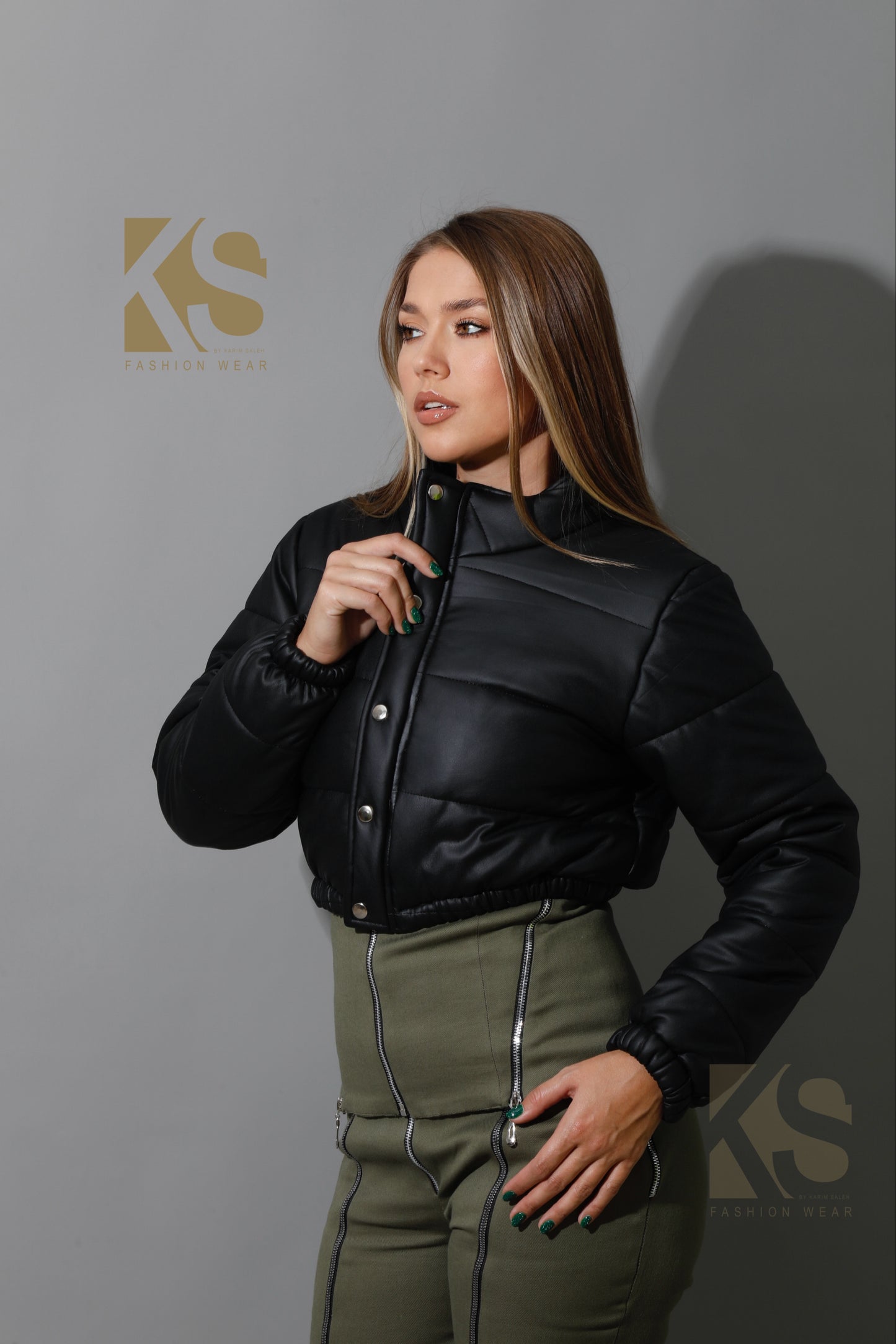 Leather Puffer Cropped Jacket - Black