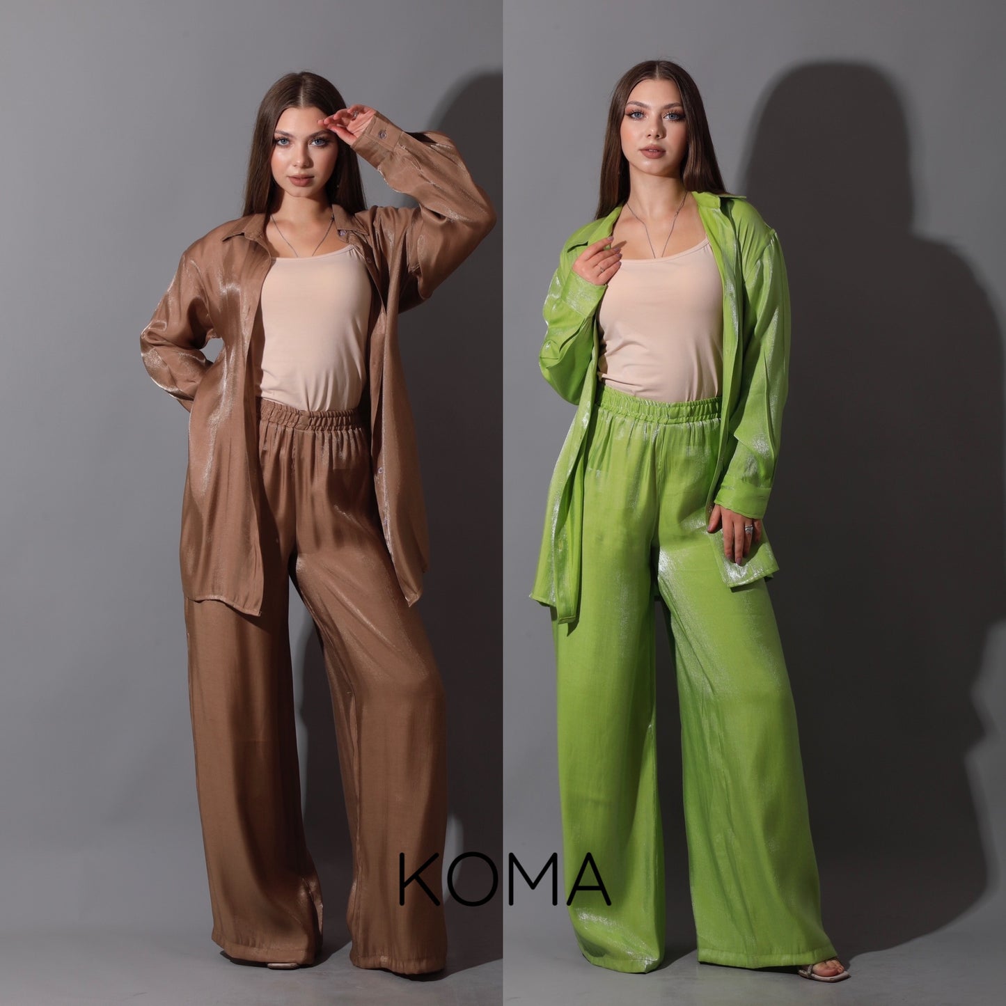 Shemer Long Shirt & Wide Leg Trousers Set - Lime Green