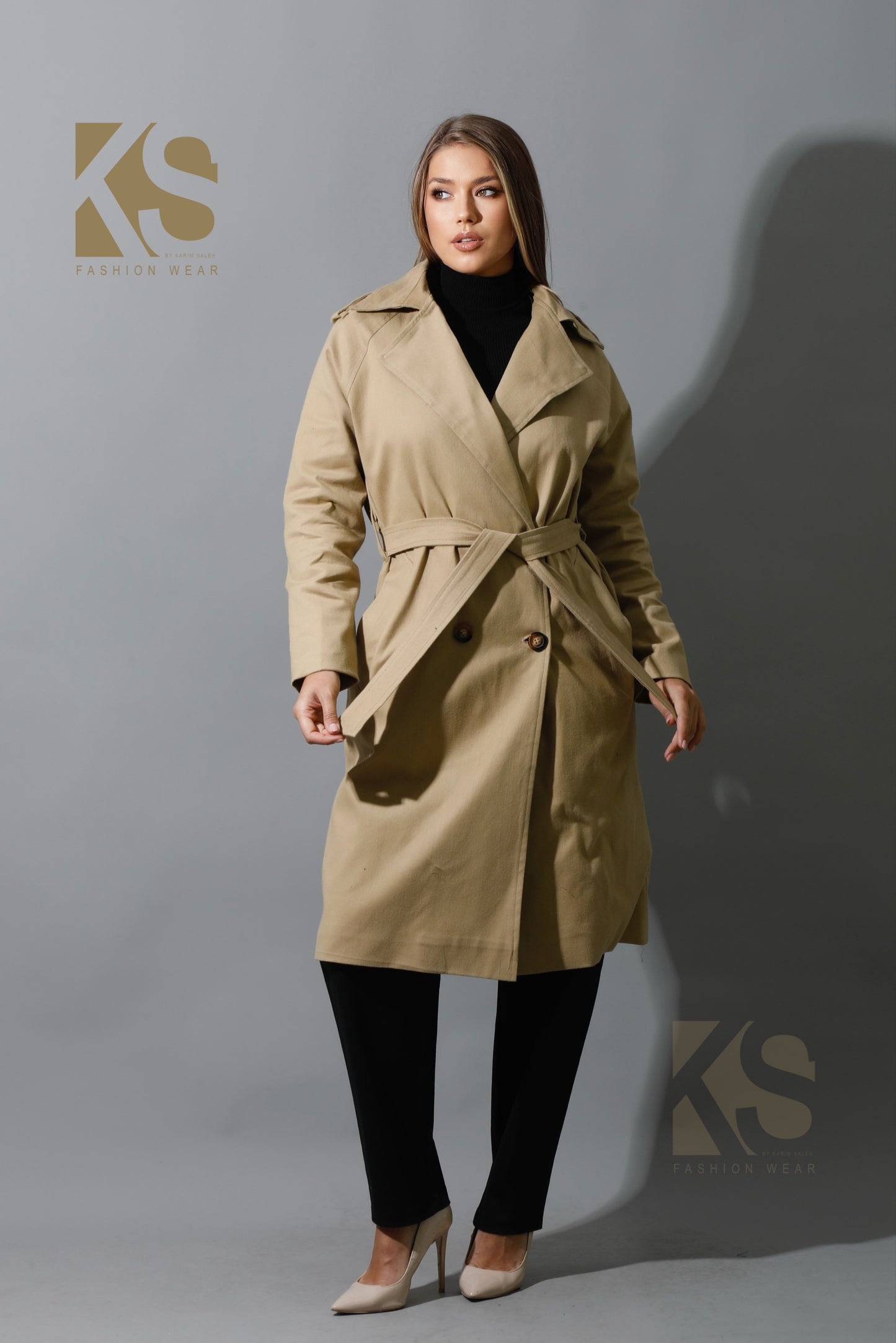 Wrapped Belted Trench Coat - Beige