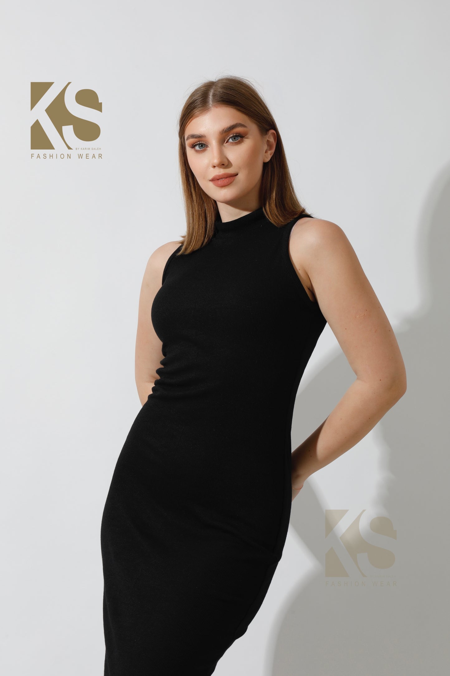 Slinky High Neck Midi Sleeveless Dress - Black
