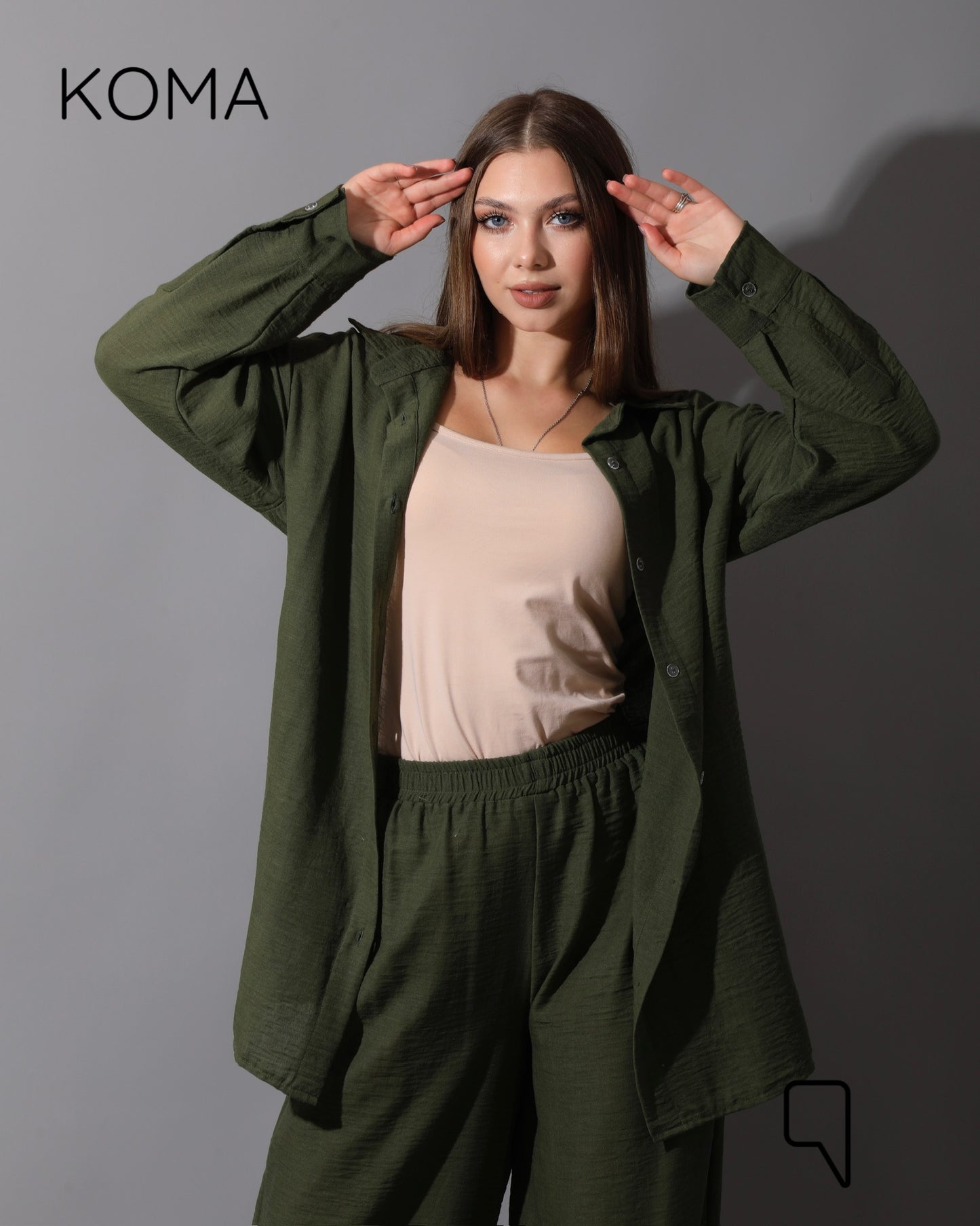 Co-Ord Lenin Long Sleeve Shirt & Wide Leg Trousers - Olive
