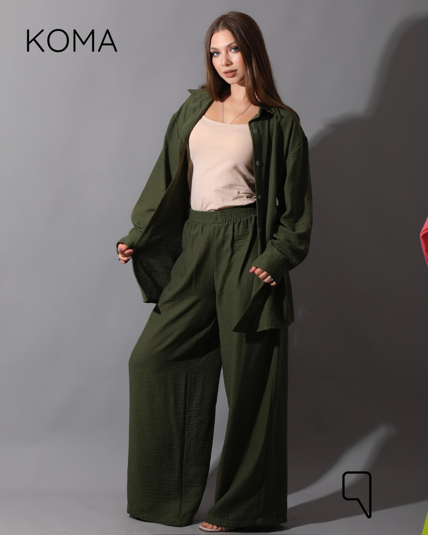 Co-Ord Lenin Long Sleeve Shirt & Wide Leg Trousers - Olive