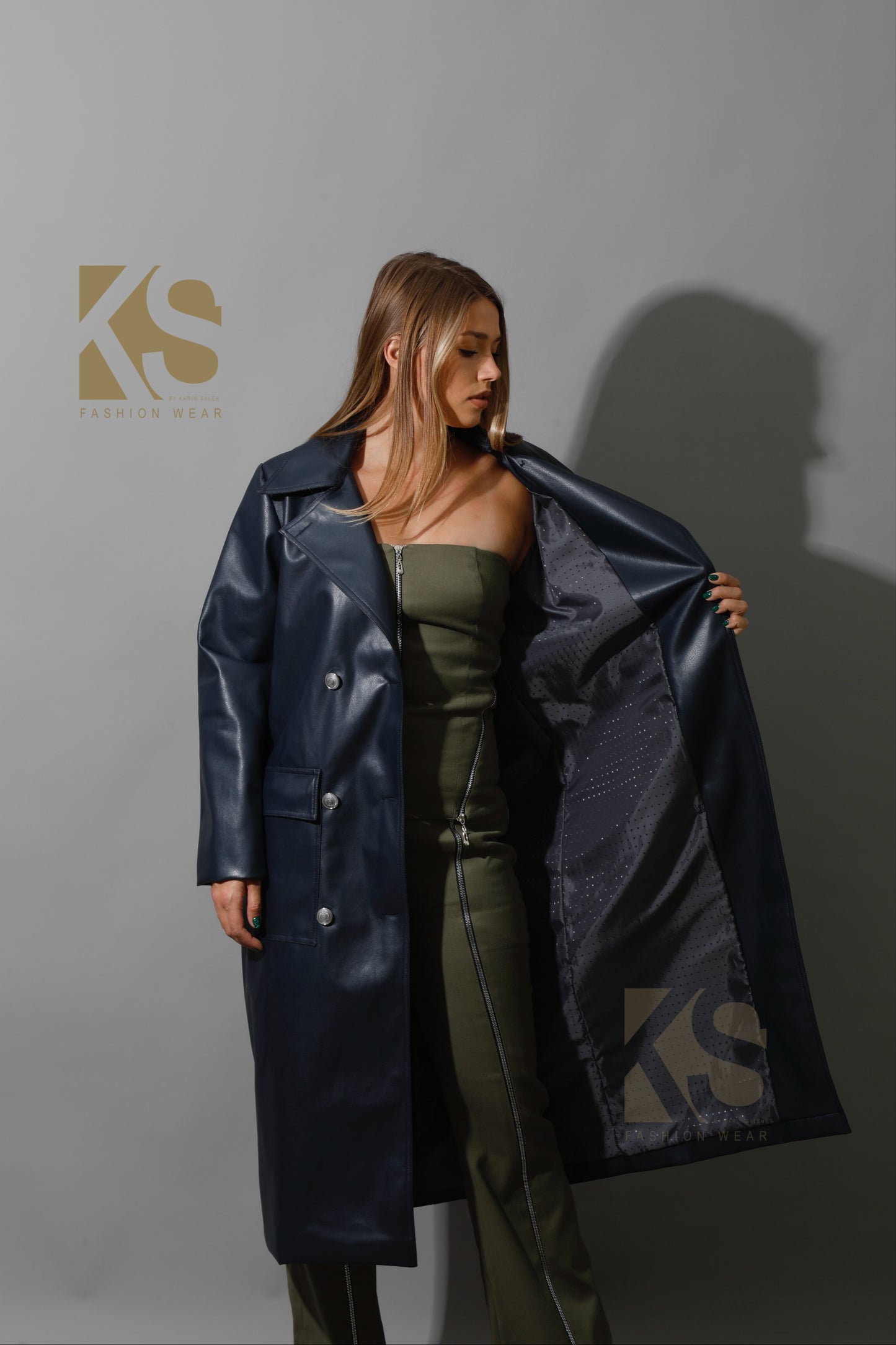 Textured Leather Coat - Navy