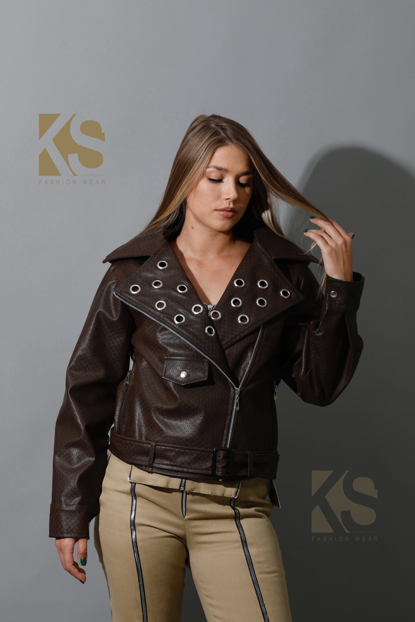 Textured Leather Biker Jacket - Brown