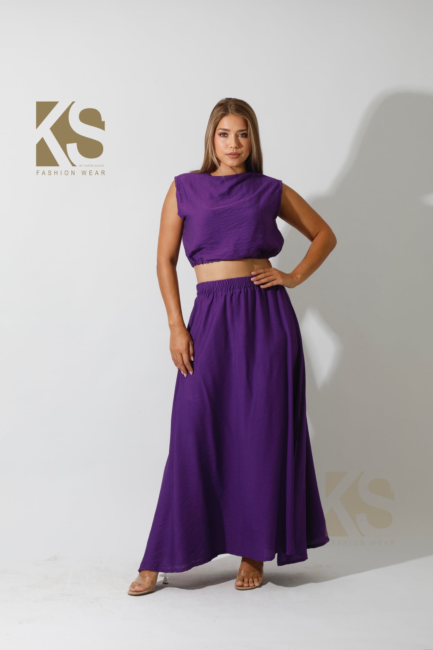 Crop Top & Maxi Side Slite Skirt Set - Purple