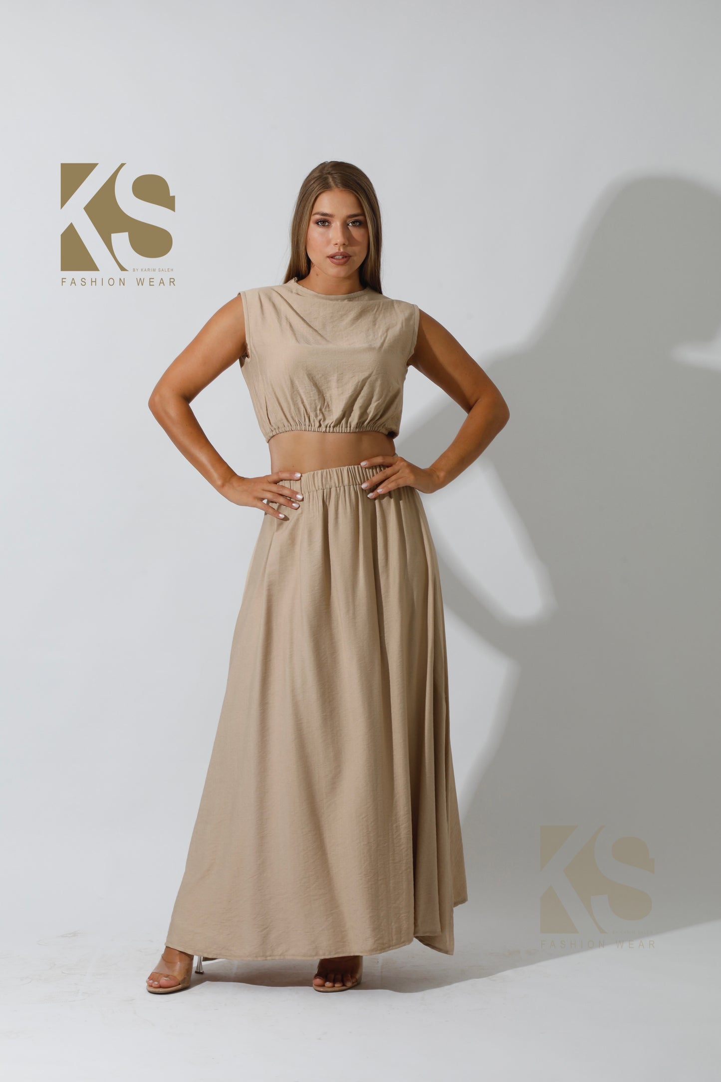 Maxi Side Slite Skirt Set - Beige
