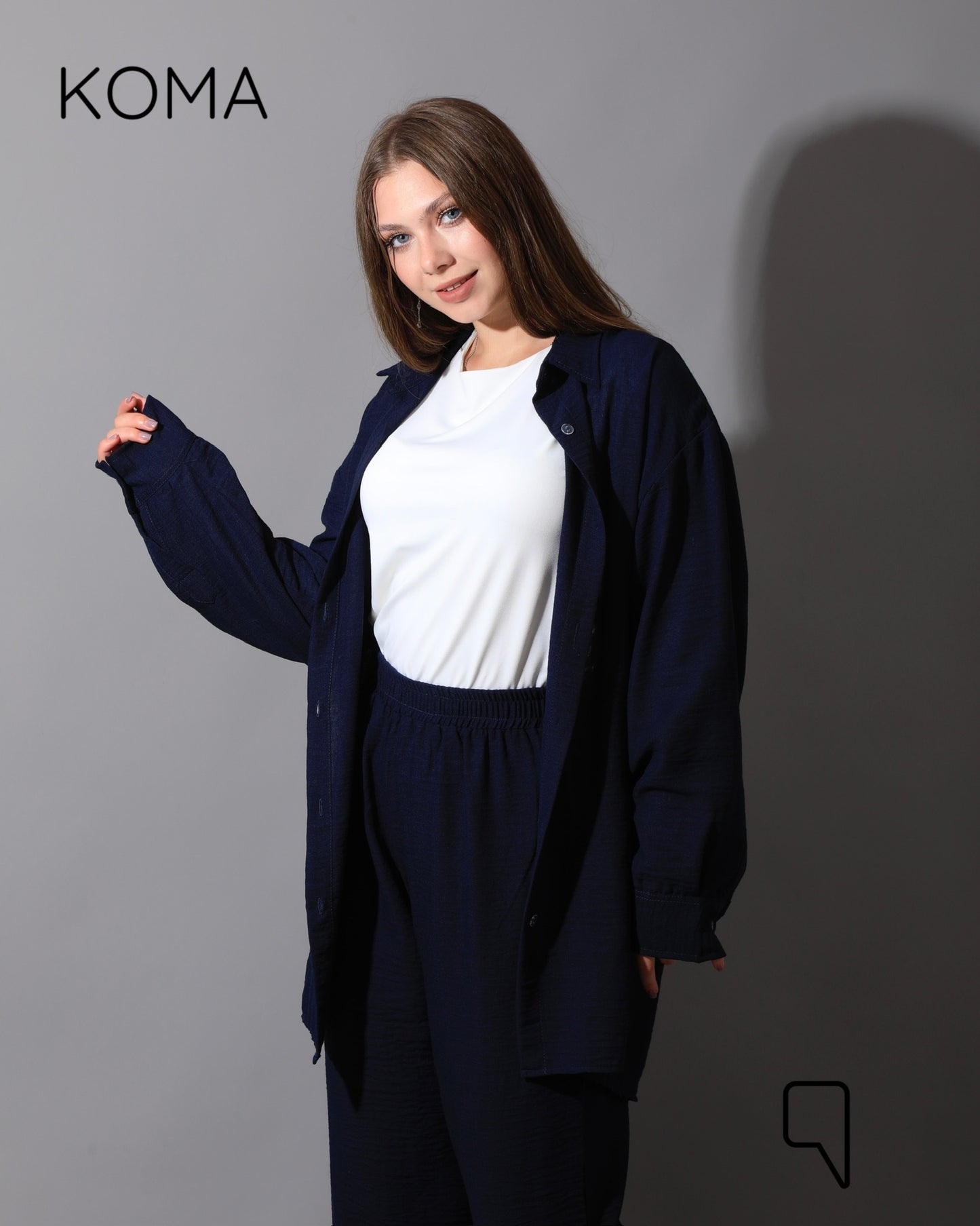 Co-Ord Lenin Long Sleeve Shirt & Wide Leg Trousers - Navy