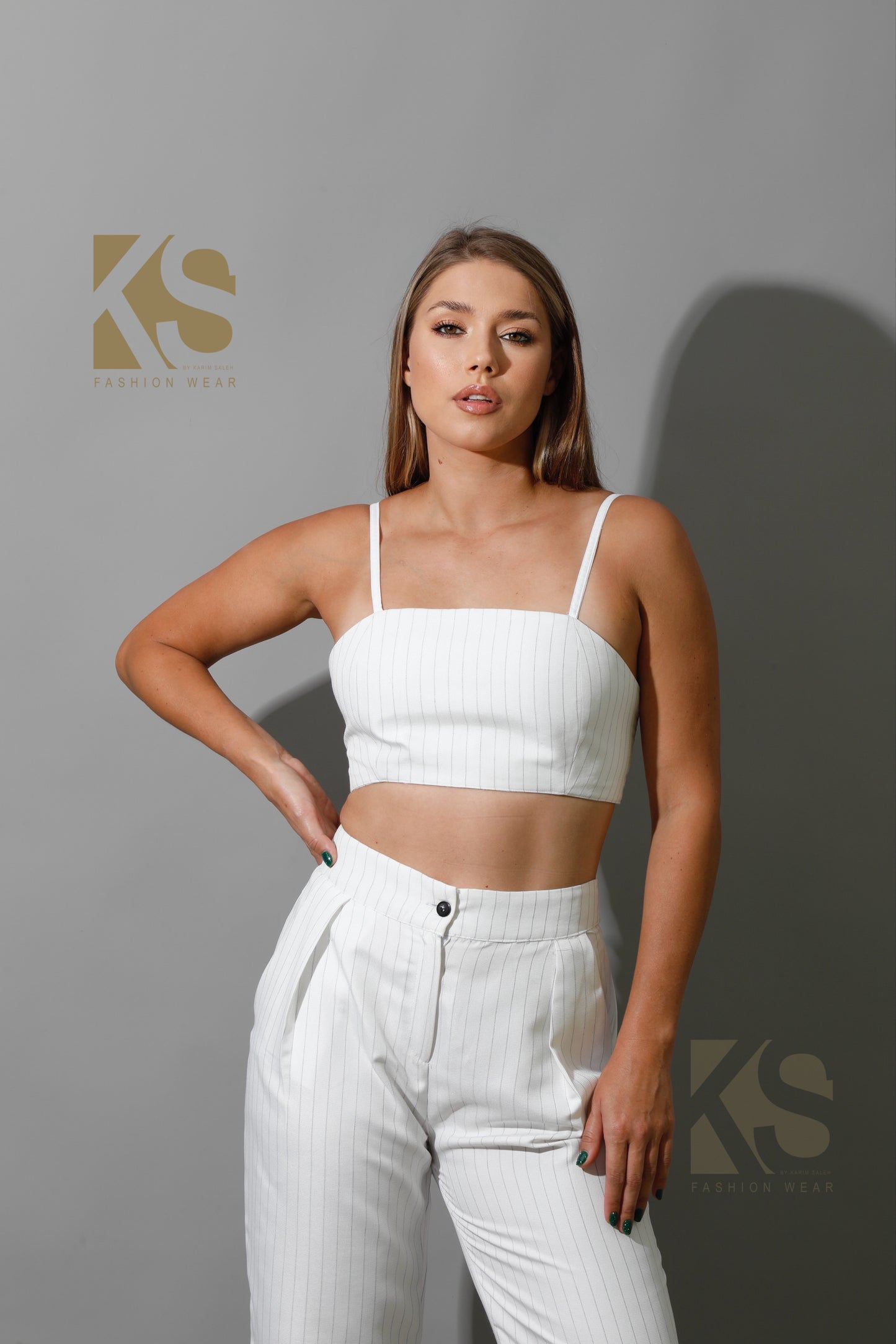 Striped Cropped Blazer, Bra Top & Paper-bag Pants Co-Ord - White