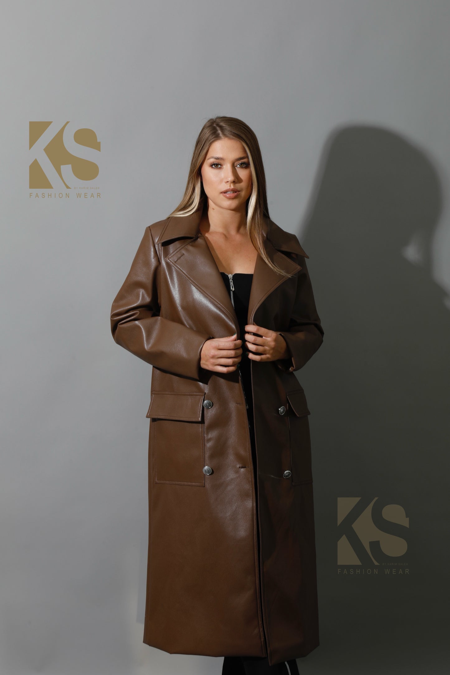 Textured Leather Coat - Brown