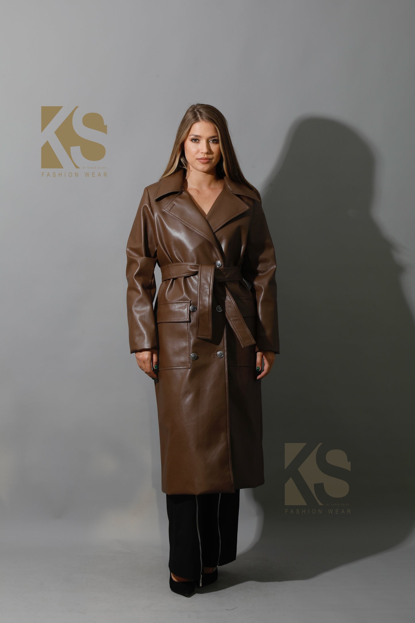 Textured Leather Coat - Brown