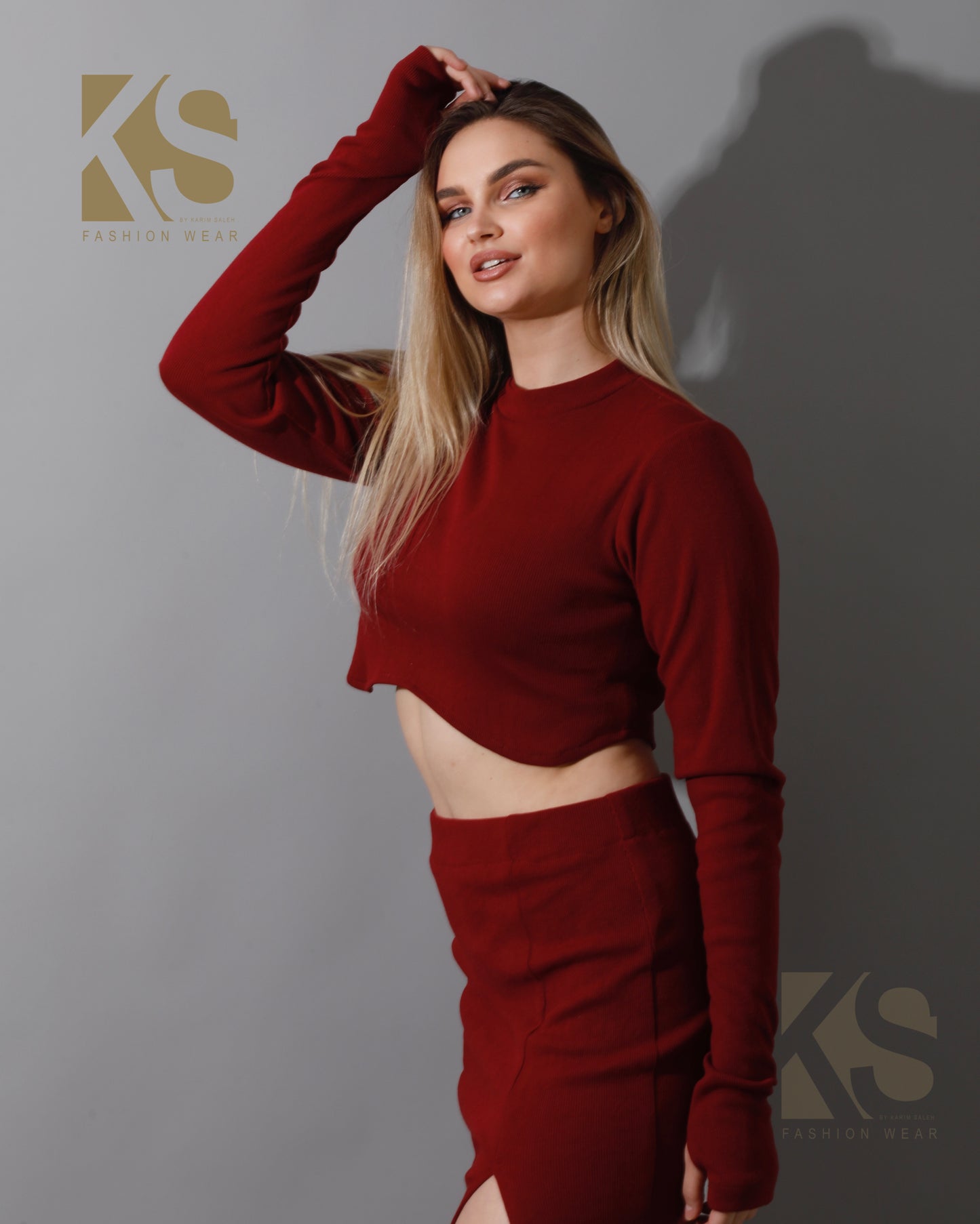 Co-ord Crop Top & Midi Skirt Rib Set - Maroon