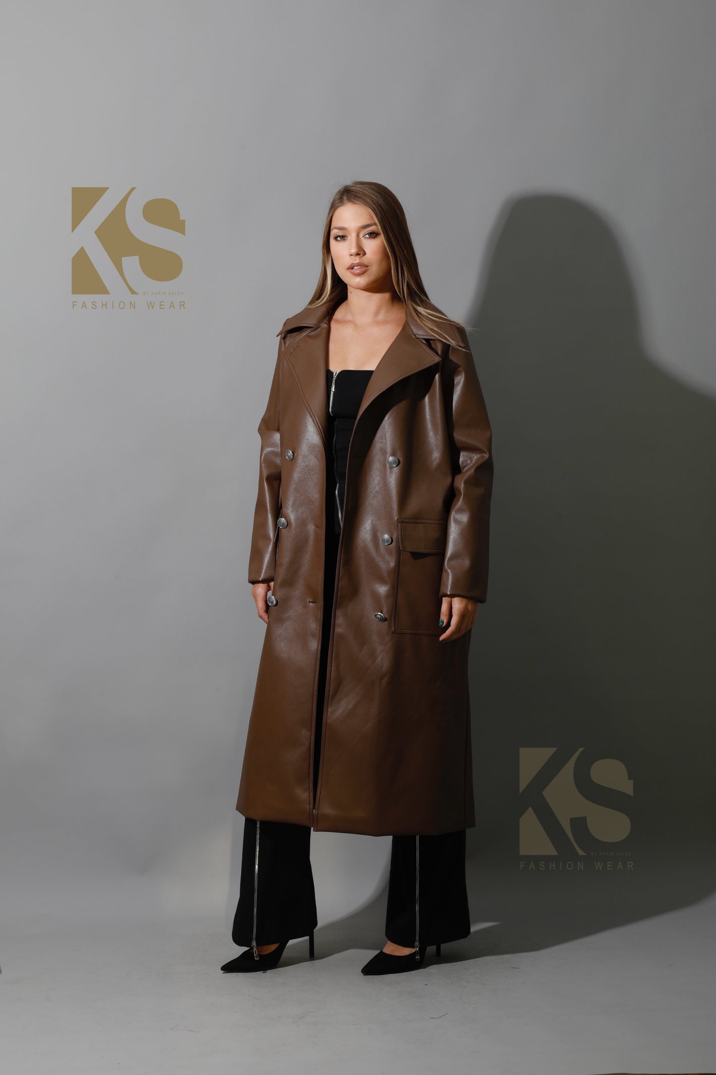 Textured Leather Coat - Brown