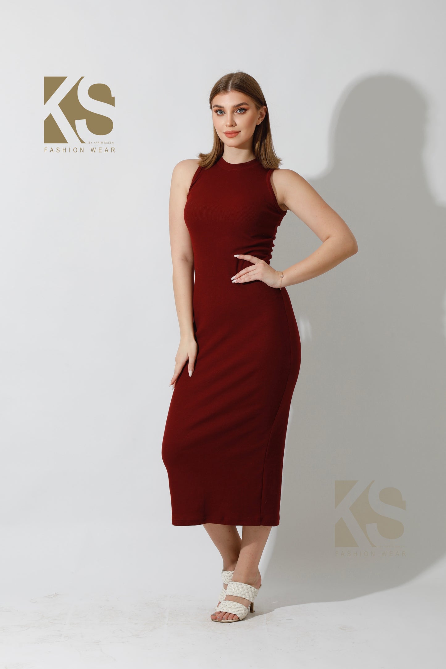 Slinky High Neck Midi Sleeveless Dress - Maroon