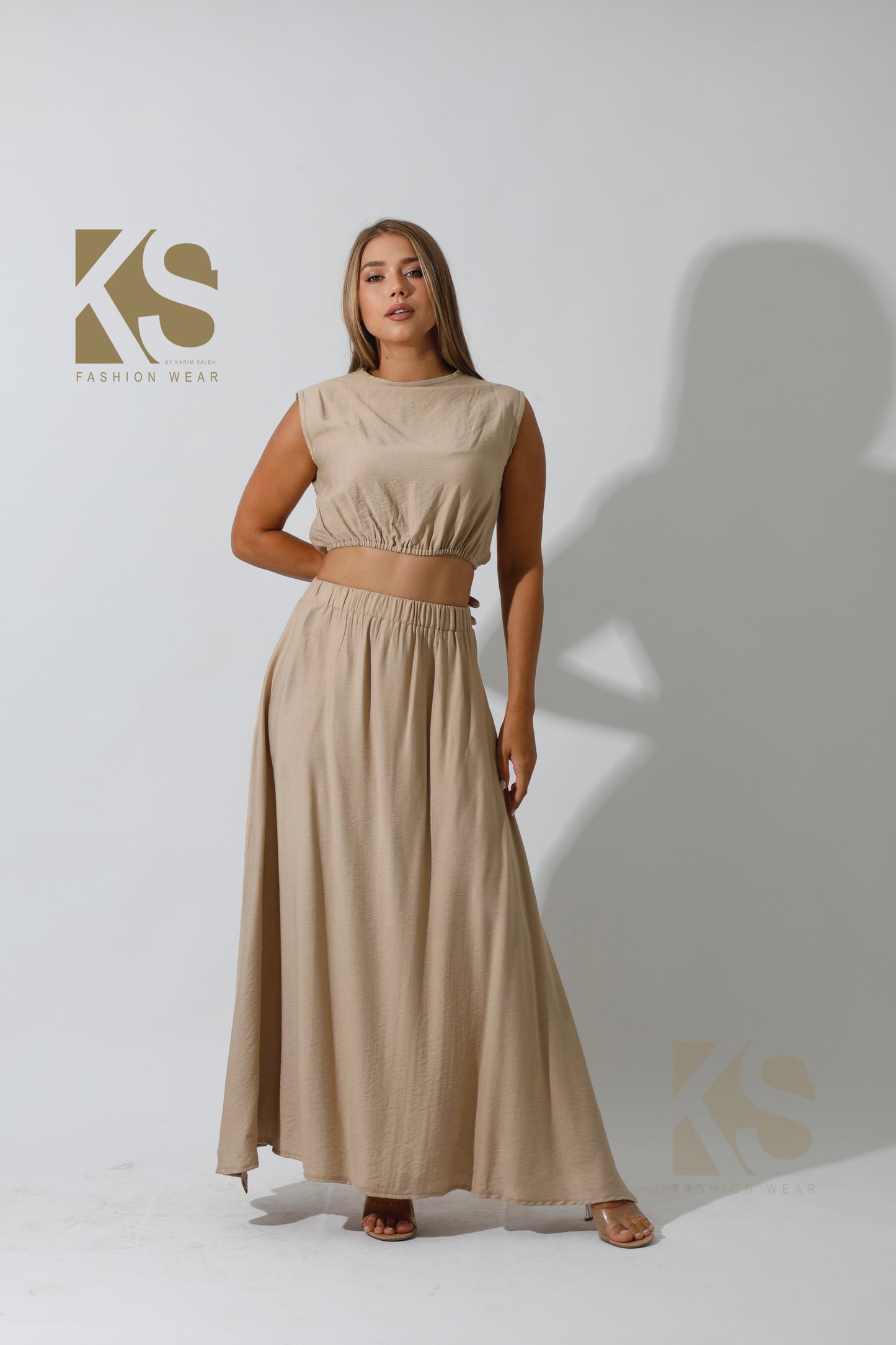 Maxi Side Slite Skirt Set - Beige