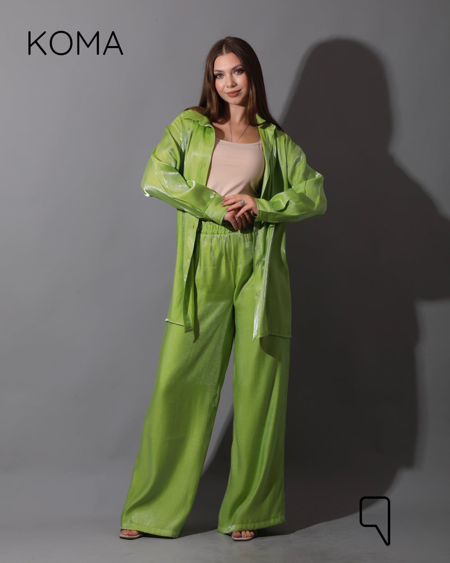 Shemer Long Shirt & Wide Leg Trousers Set - Lime Green