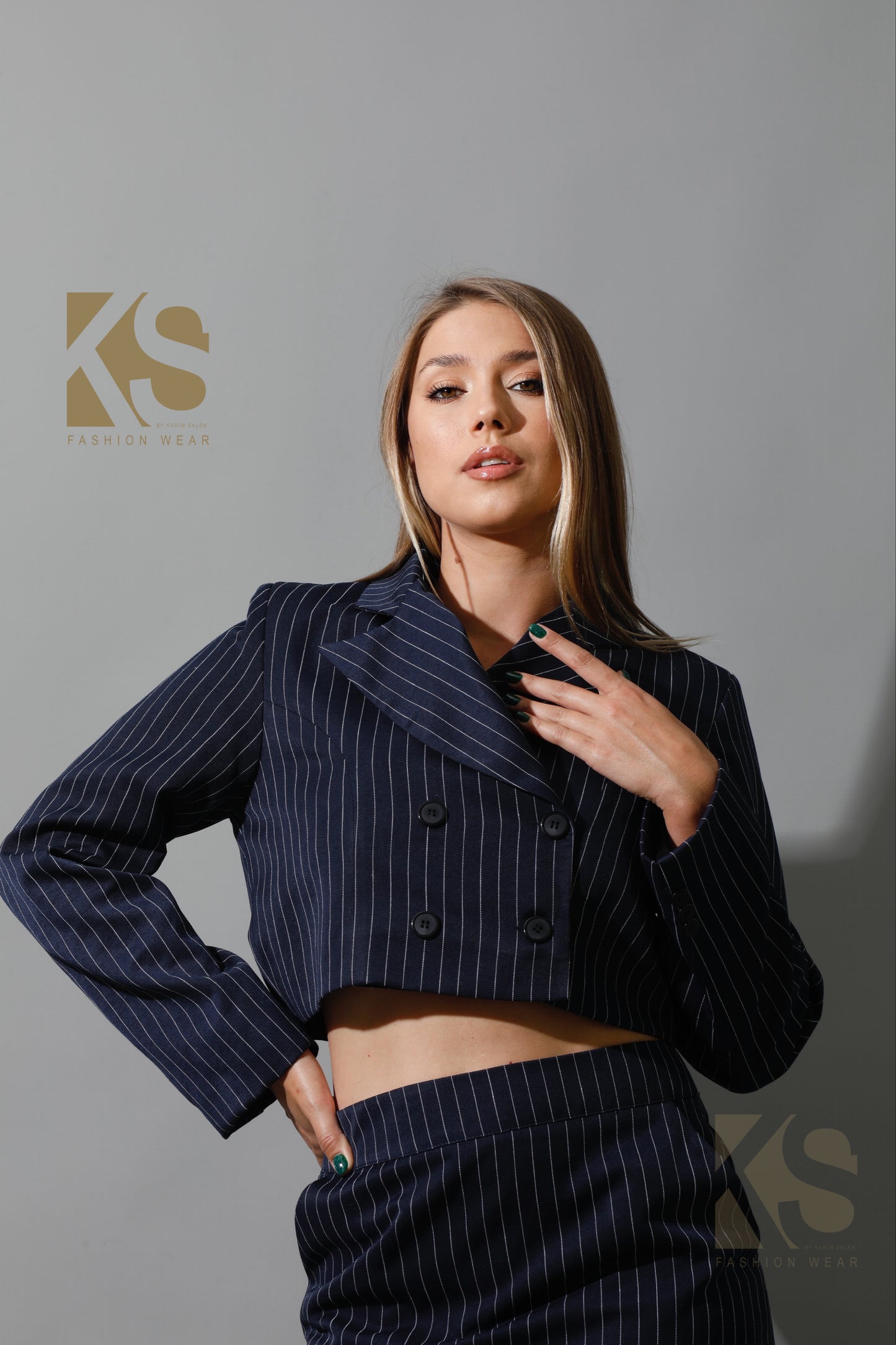Striped Cropped Blazer, Bra Top & Maxi Skirt Co-Ord - Navy