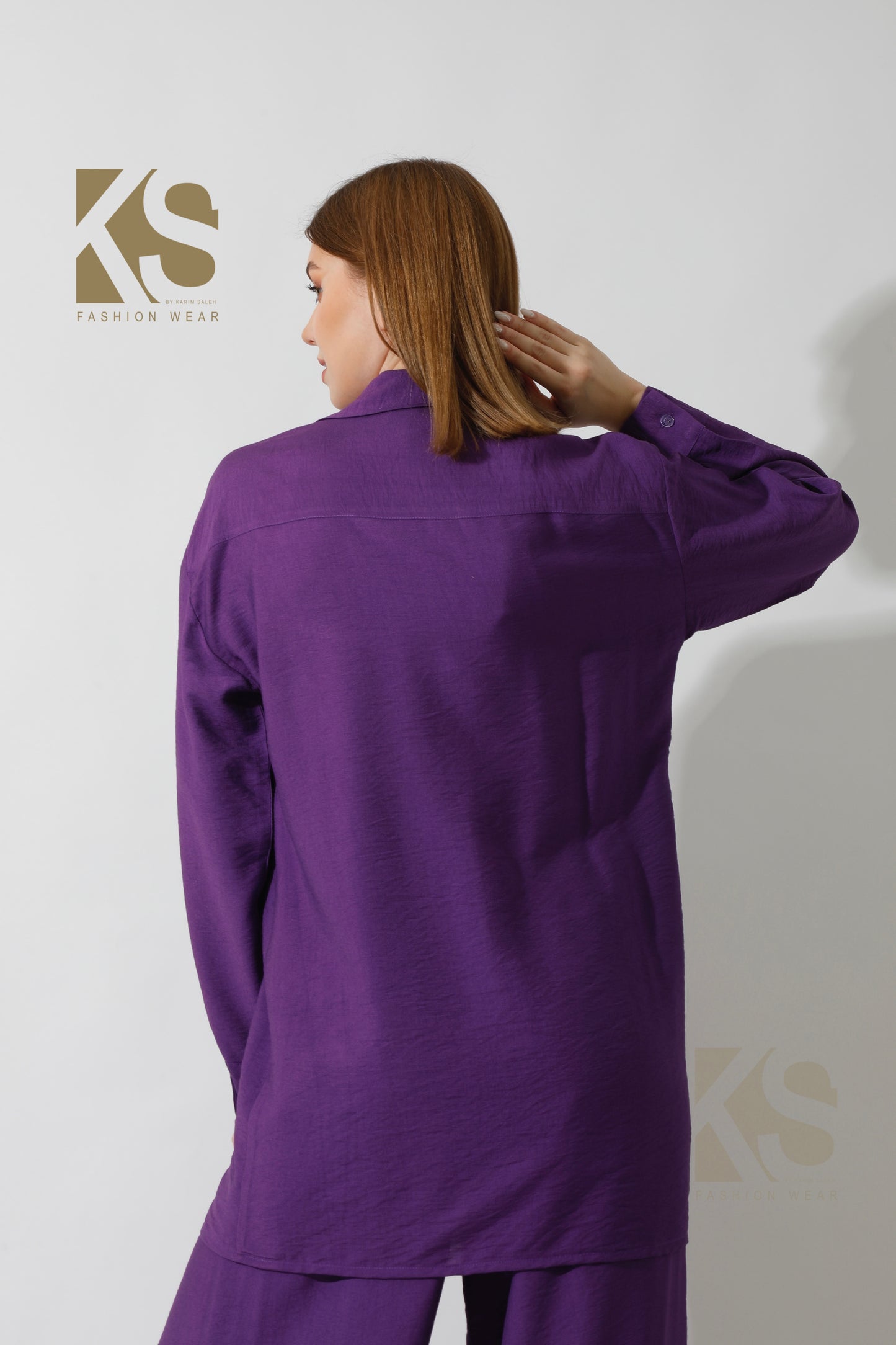 Long Shirt & Wide Leg Trousers Set - Purple