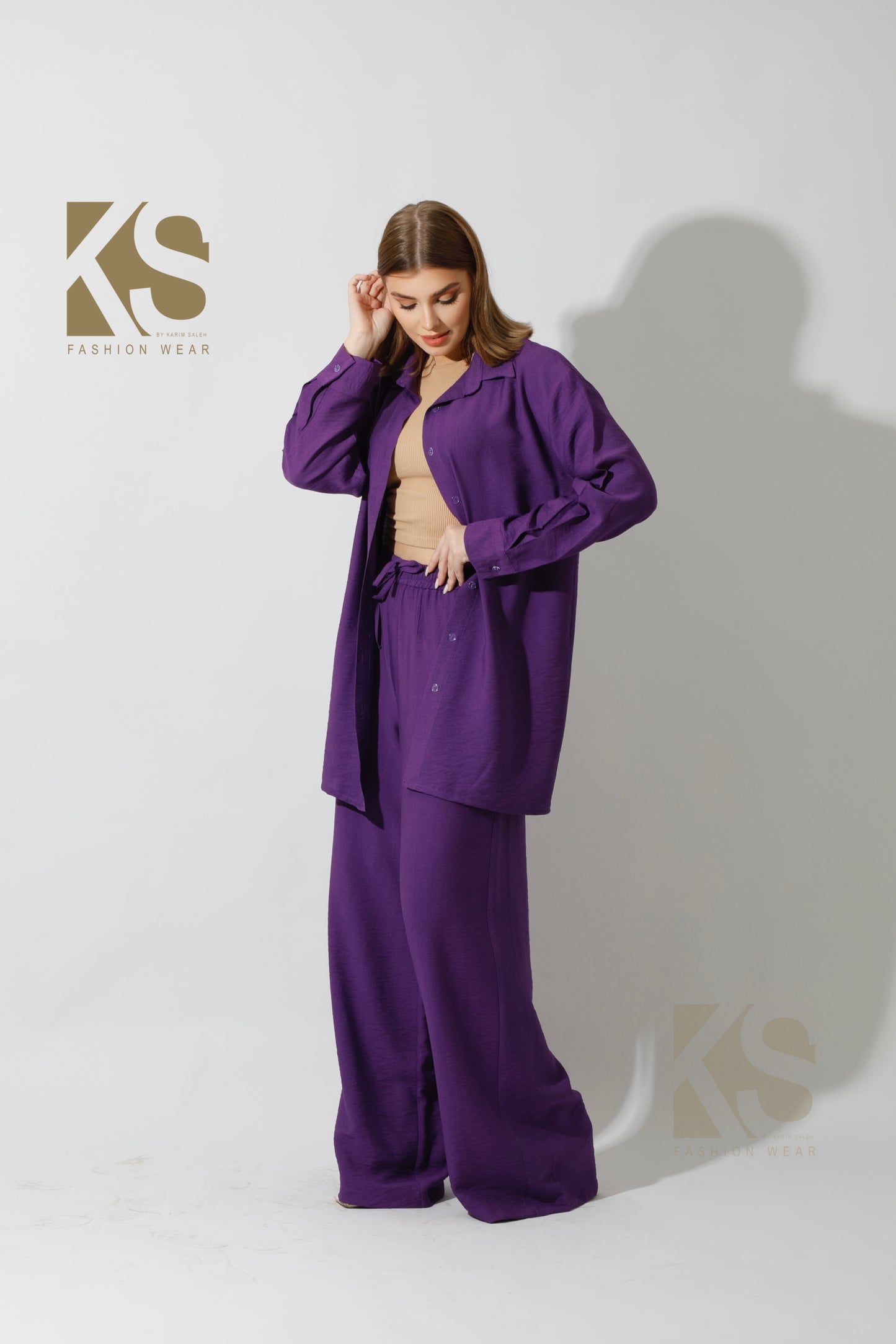 Long Shirt & Wide Leg Trousers Set - Purple