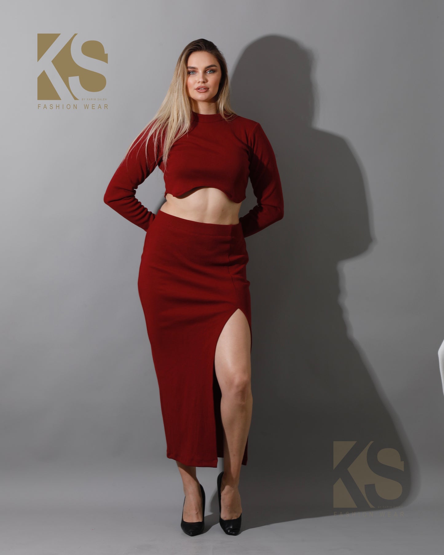 Co-ord Crop Top & Midi Skirt Rib Set - Maroon