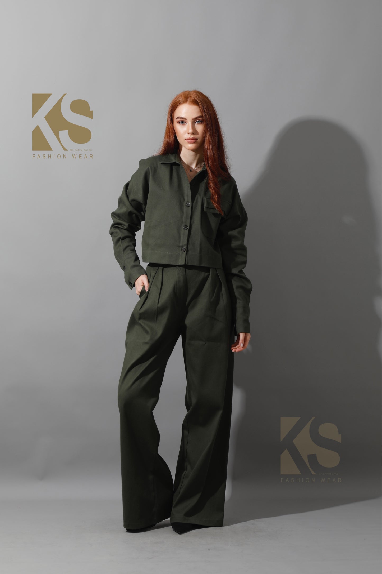 Pleated Wide Leg Trousers - Olive