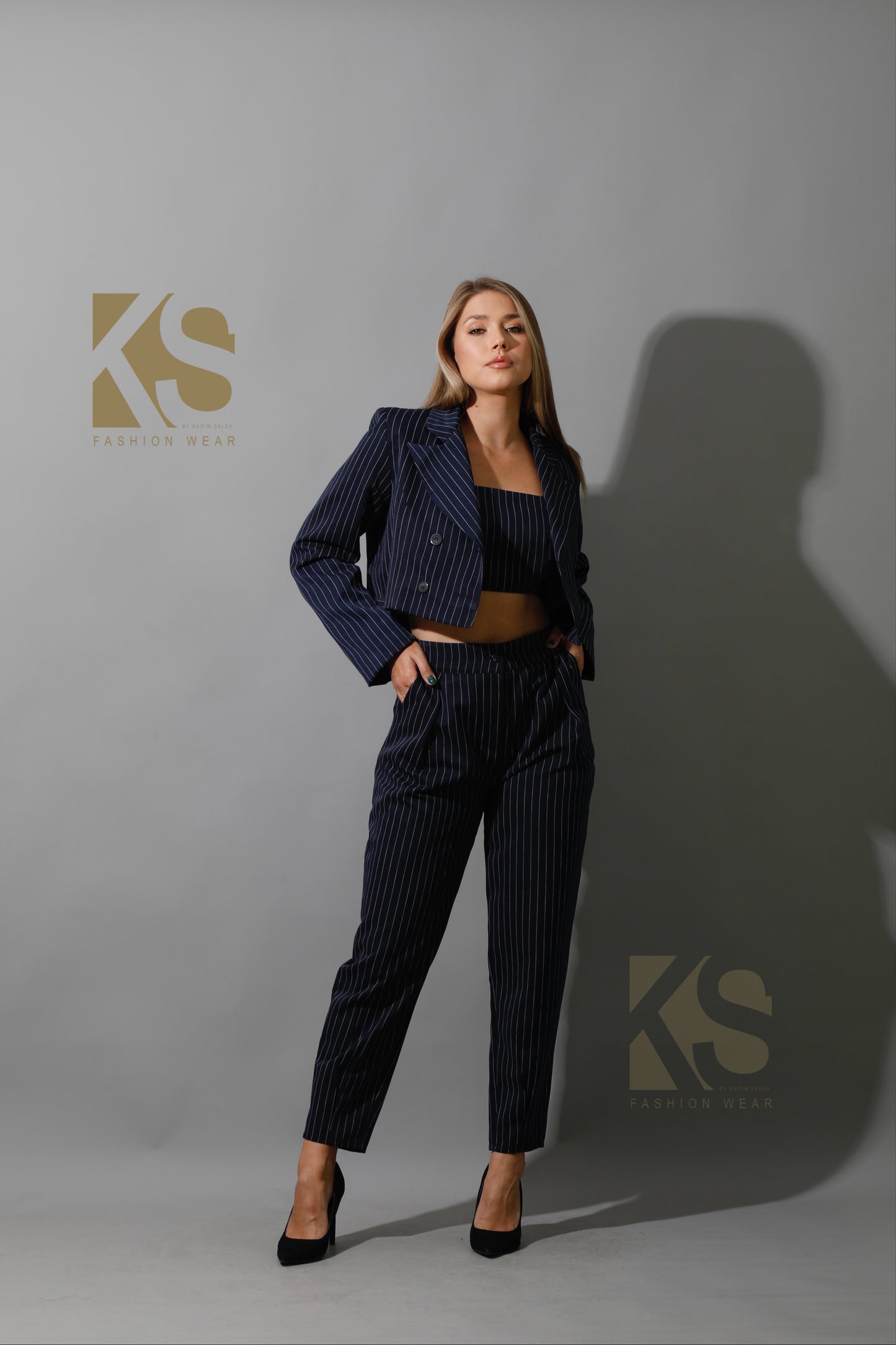 Striped Paper-bag Pants Co-Ord - Navy