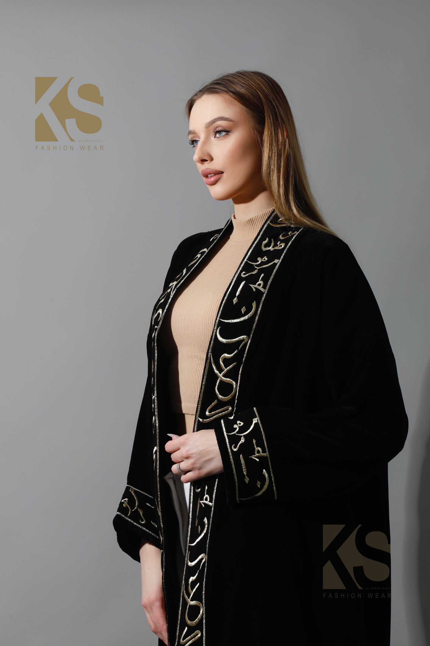 Arabic Letter Long Kaftan - Black & Gold