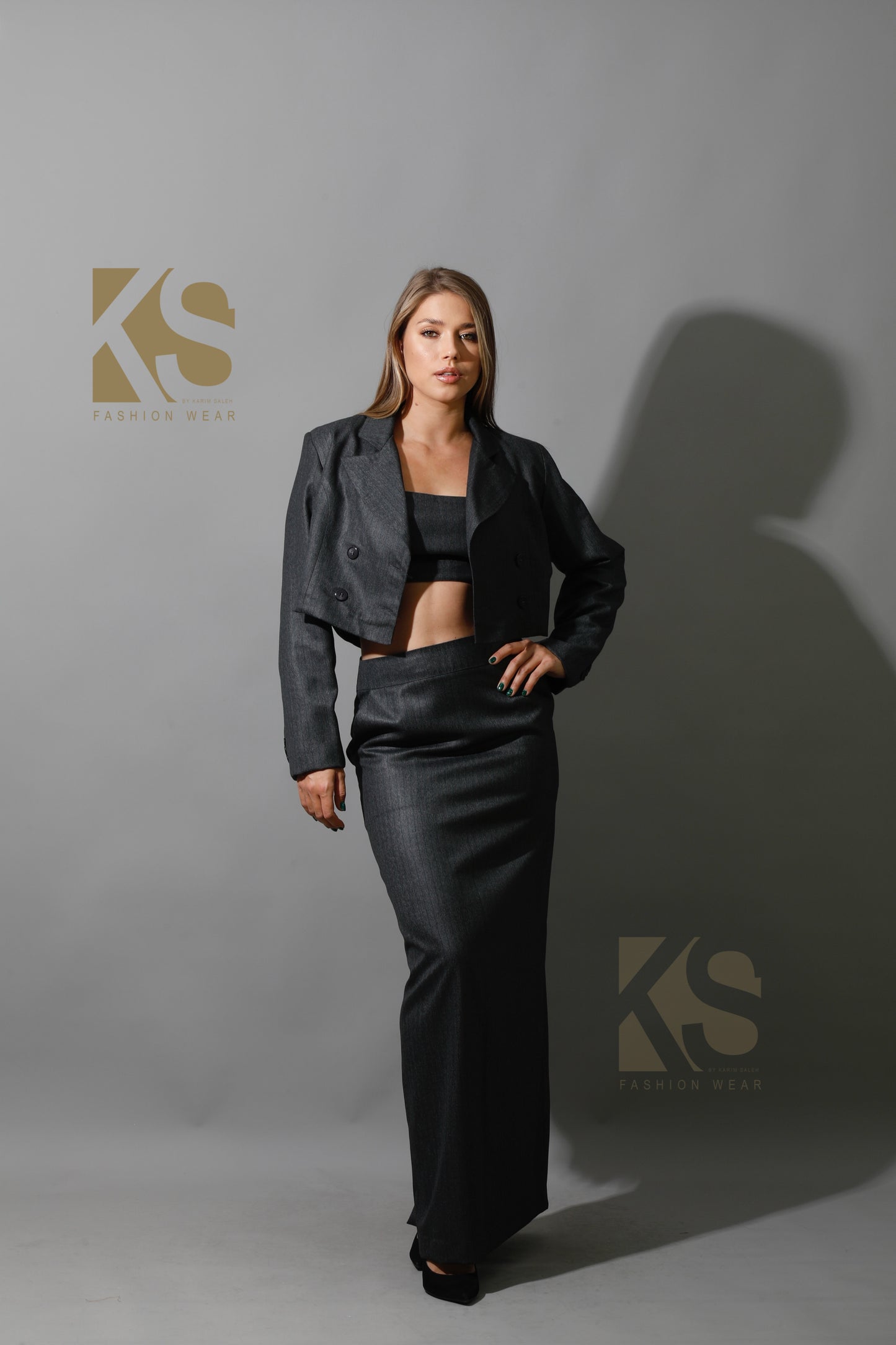Striped Cropped Blazer, Bra Top & Maxi Skirt Co-Ord - Gray