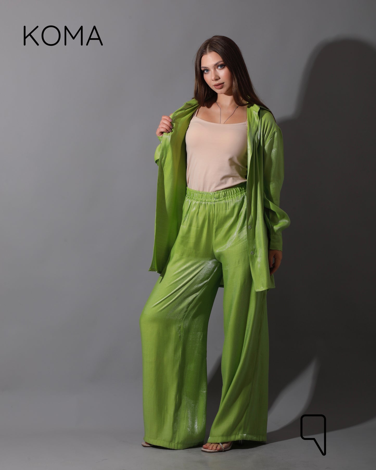 Shemer Long Shirt & Wide Leg Trousers Set - Lime Green