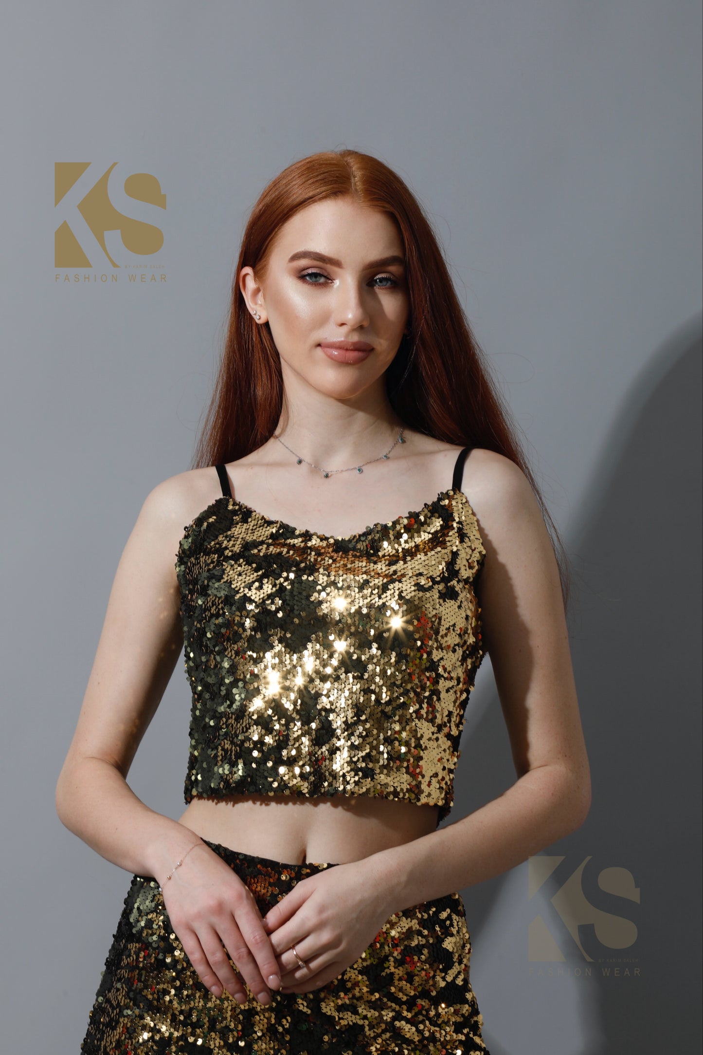 Co-Ord Sequins Top & Trousers Set - Gold