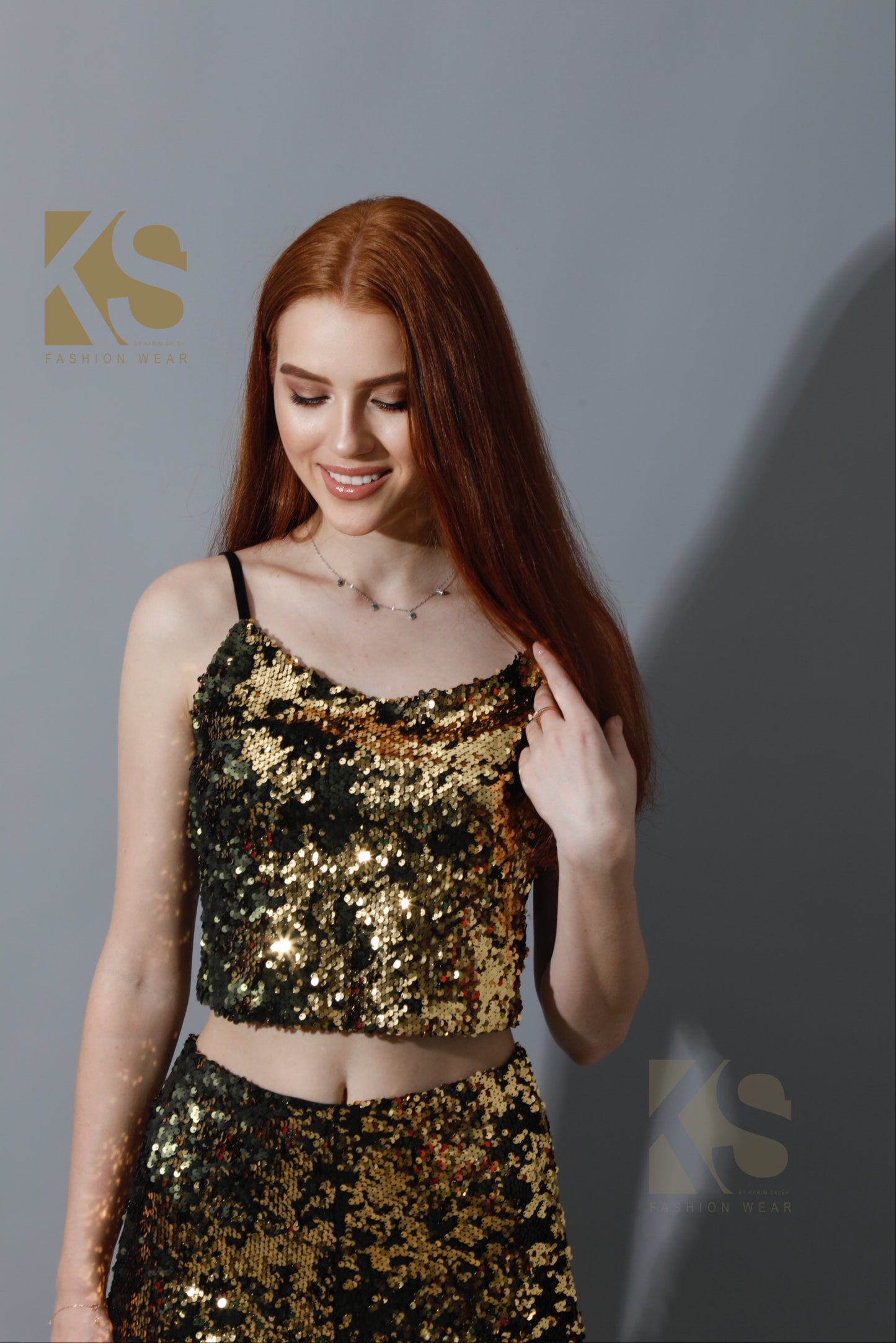 Co-Ord Sequins Top & Trousers Set - Gold