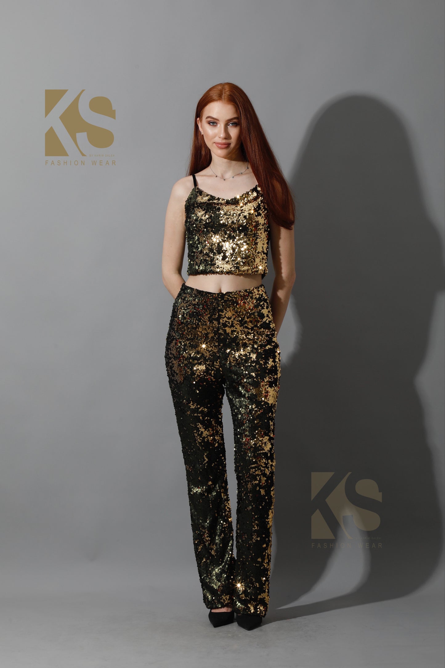 Co-Ord Sequins Top & Trousers Set - Gold