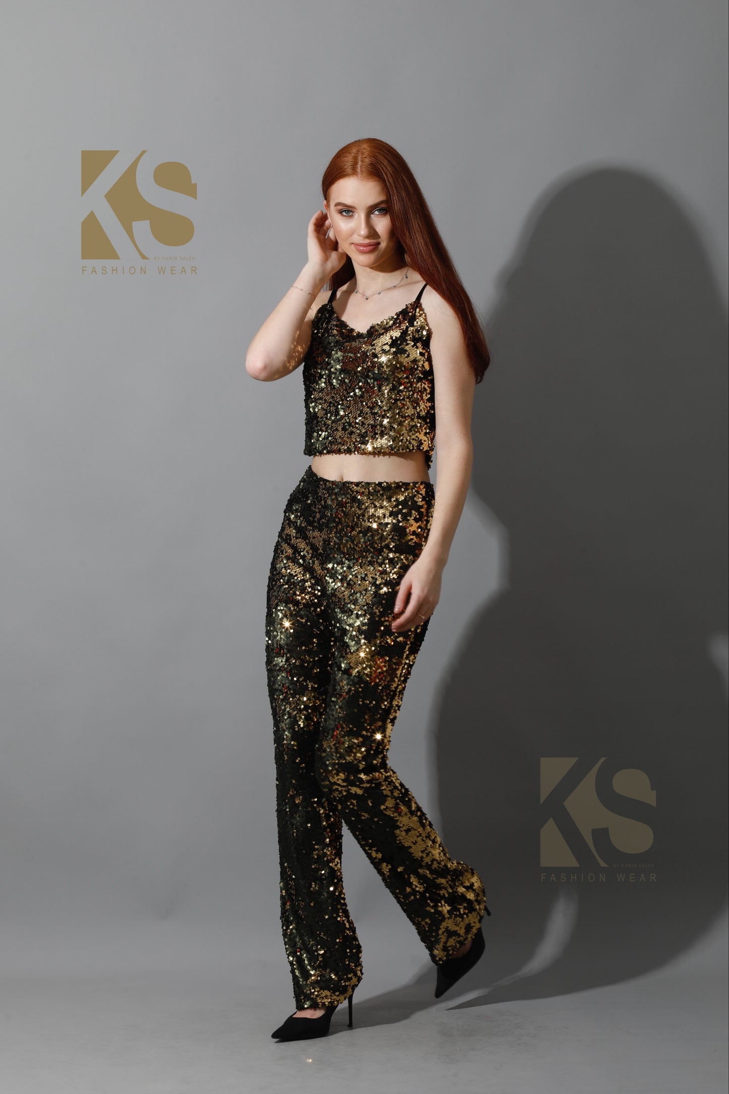 Co-Ord Sequins Top & Trousers Set - Gold