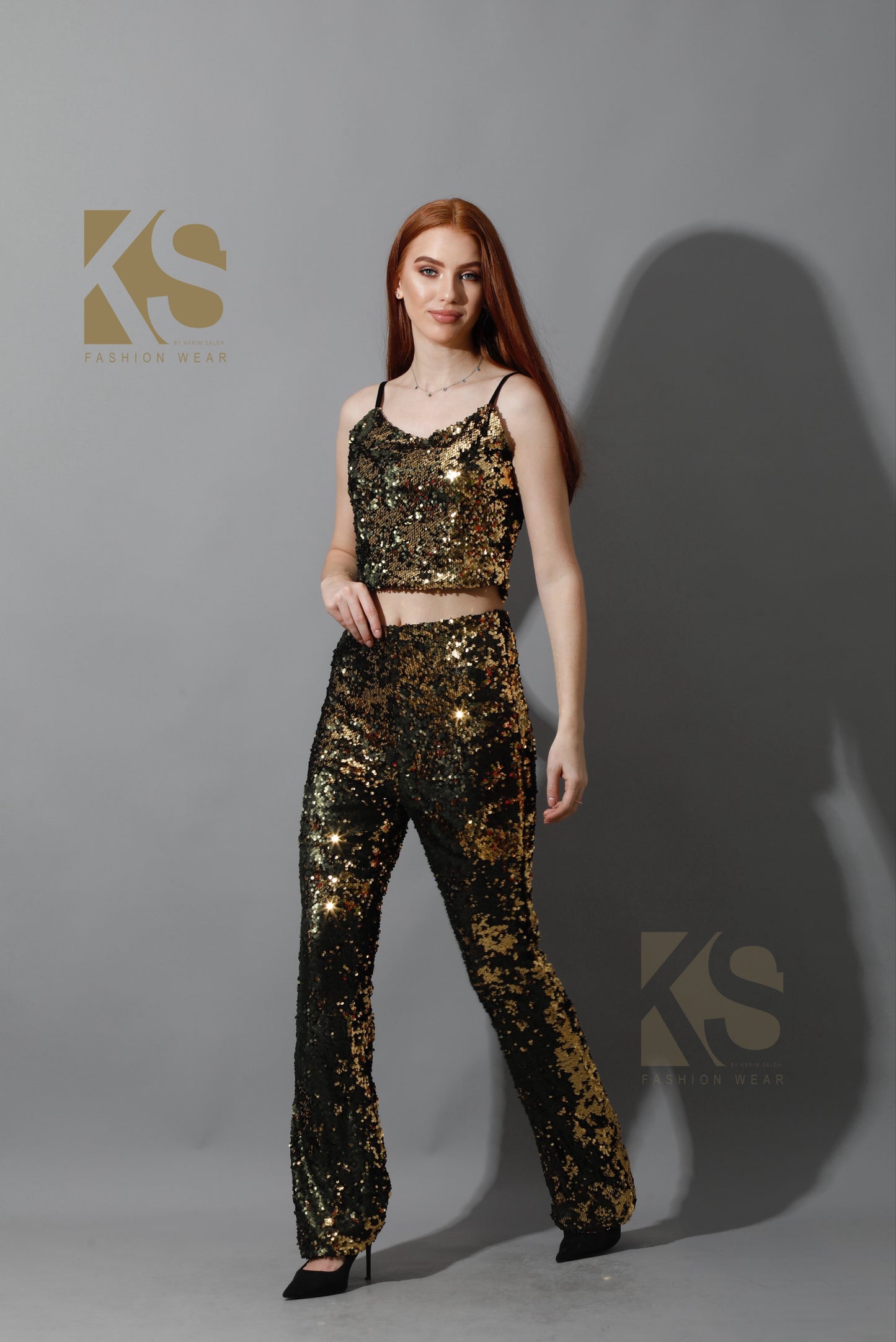 Co-Ord Sequins Top & Trousers Set - Gold