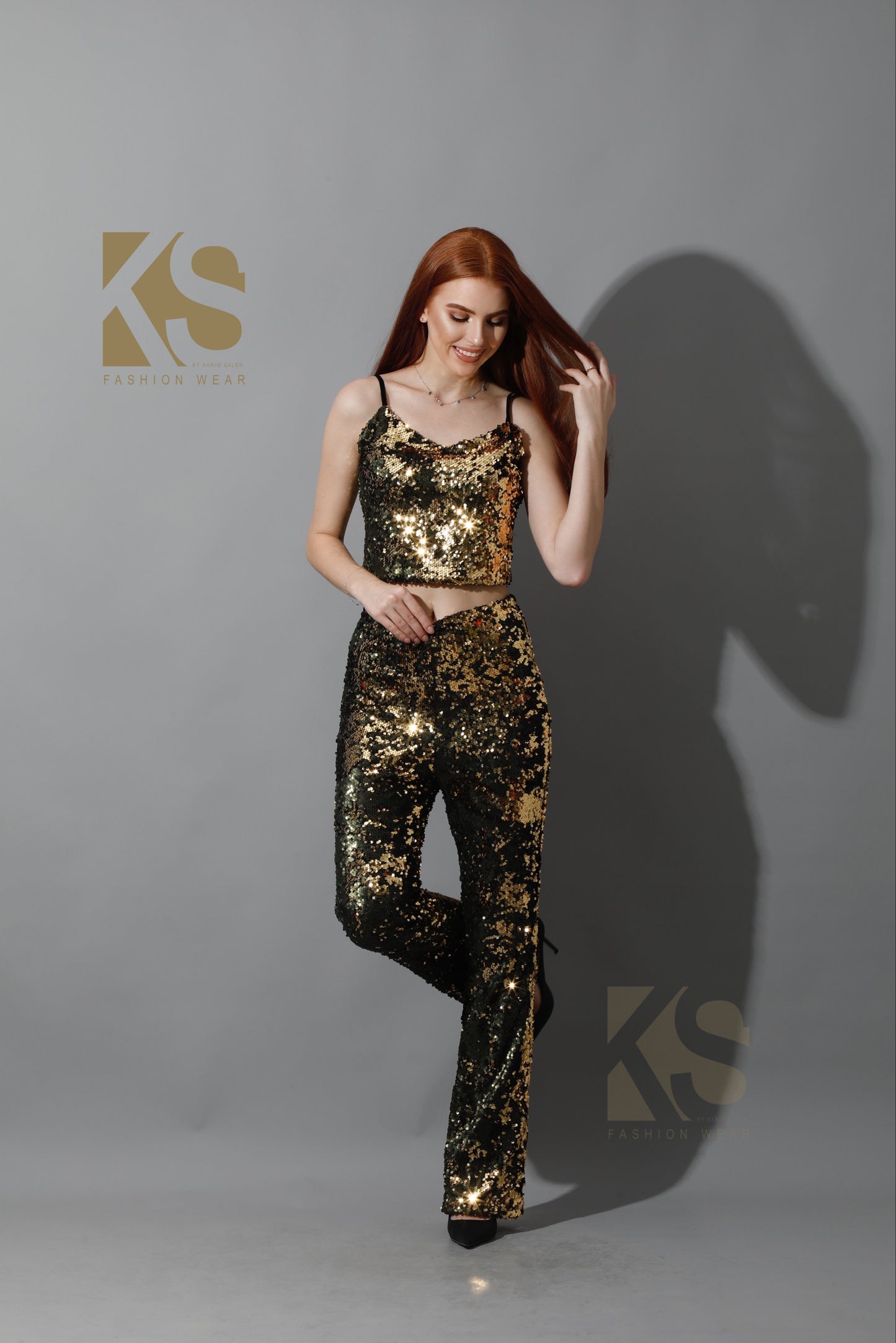 Co-Ord Sequins Top & Trousers Set - Gold