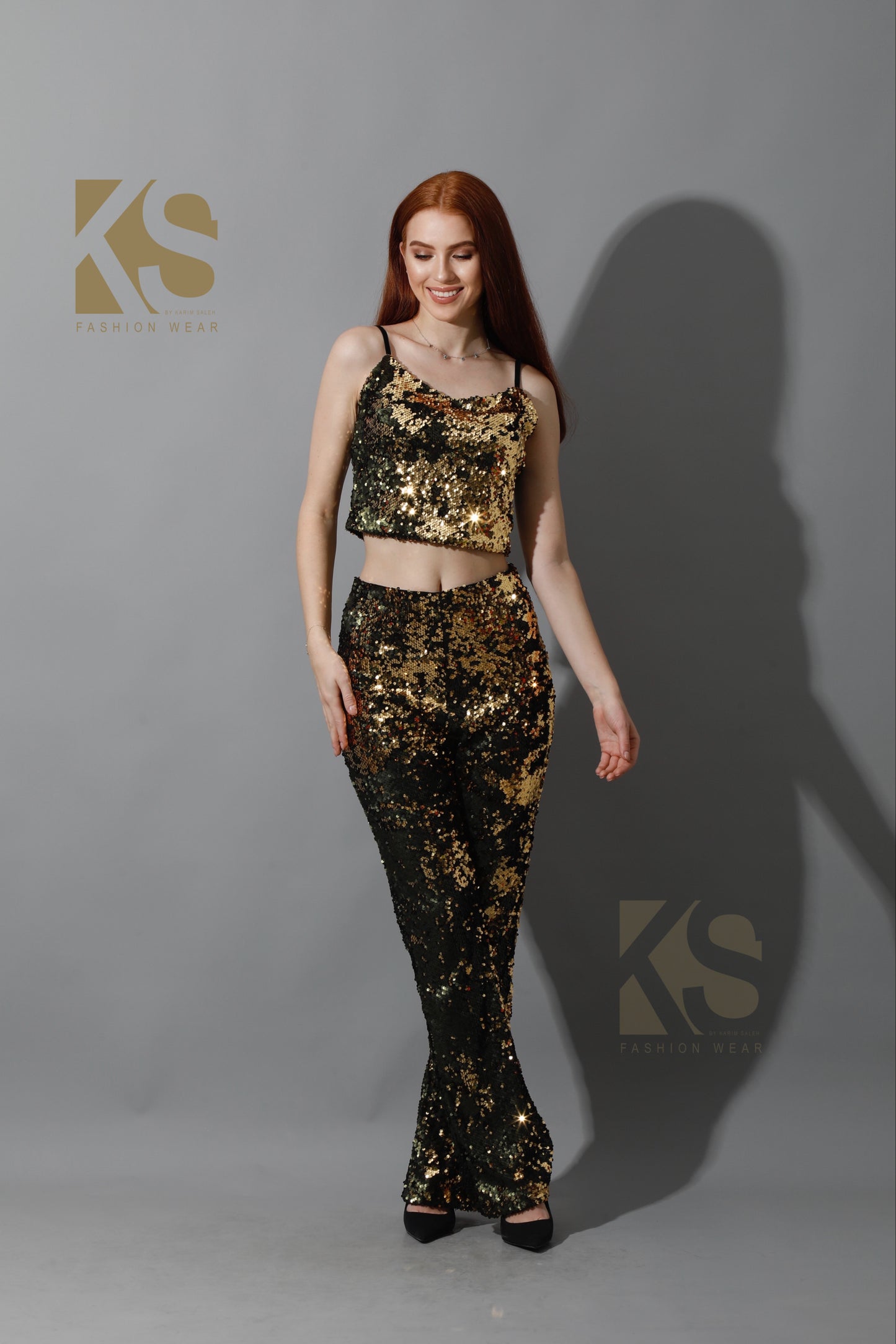 Co-Ord Sequins Top & Trousers Set - Gold